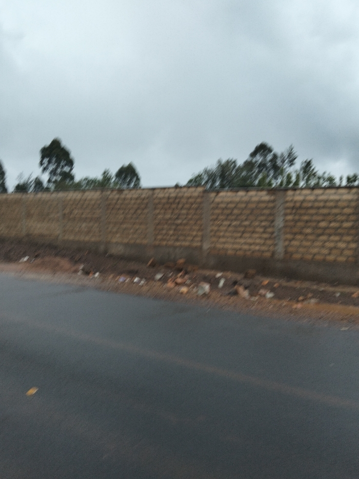 The scene, located in Nyansiongo ward, Kenya, depicts an outdoor environment under an overcast, grey sky. The foreground features a dark grey asphalt road, displaying a faint yellow lane line slightly right of center and a single yellow leaf in the lower-left. Adjacent to the road, a reddish-brown dirt shoulder contains scattered debris, including small stones and various pieces of refuse. Beyond the shoulder, a light brown perimeter wall constructed from textured bricks or blocks, interspersed with vertical concrete supports, extends horizontally across the mid-ground. Above the wall, multiple dark green trees are visible against the cloudy sky. No individuals, actions, or specific interactions are depicted.
