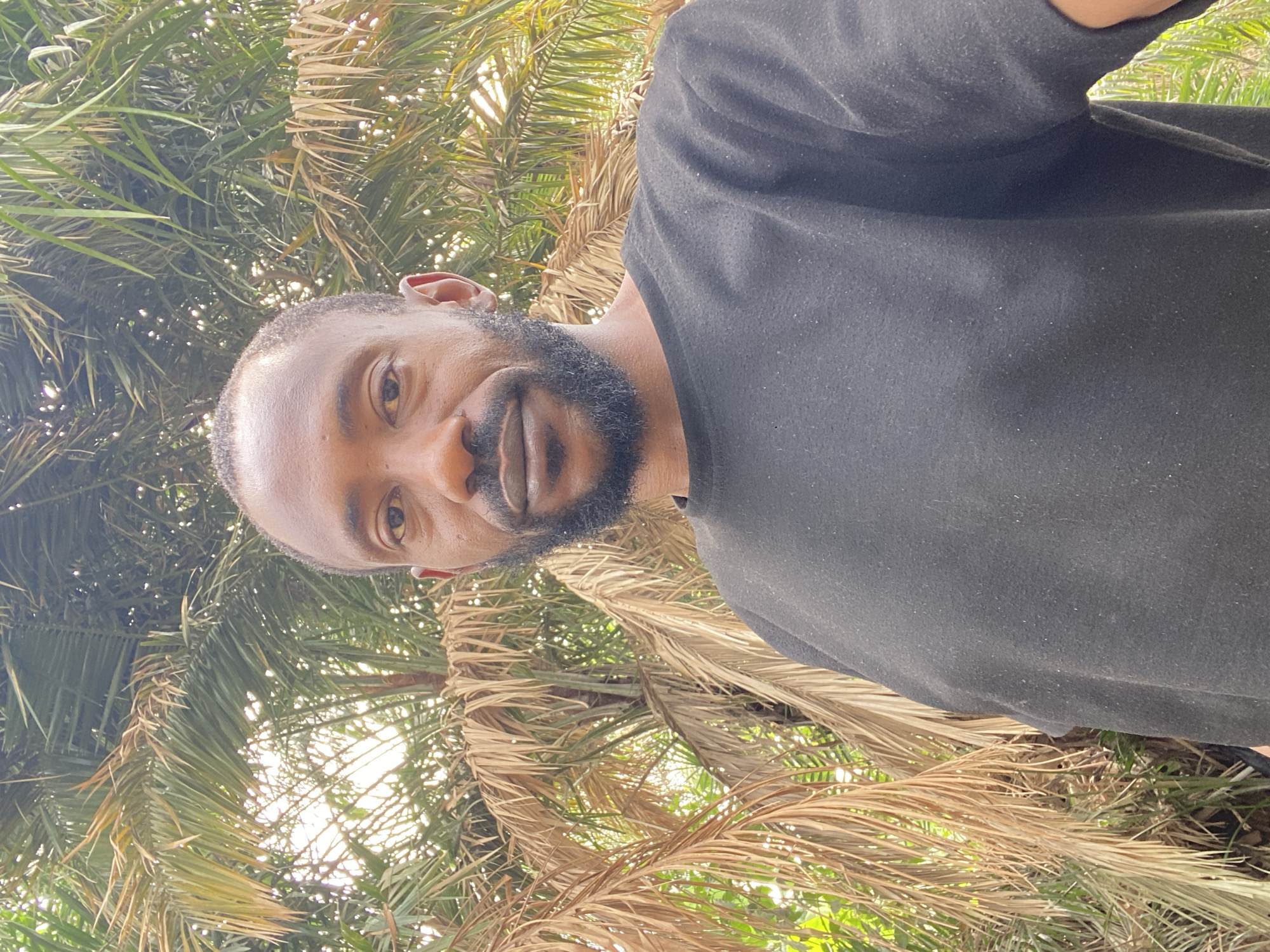 A man with dark skin and a full, dark beard is wearing a black t-shirt. He is standing under palm trees. The location is Sabon Tasha, Nigeria.