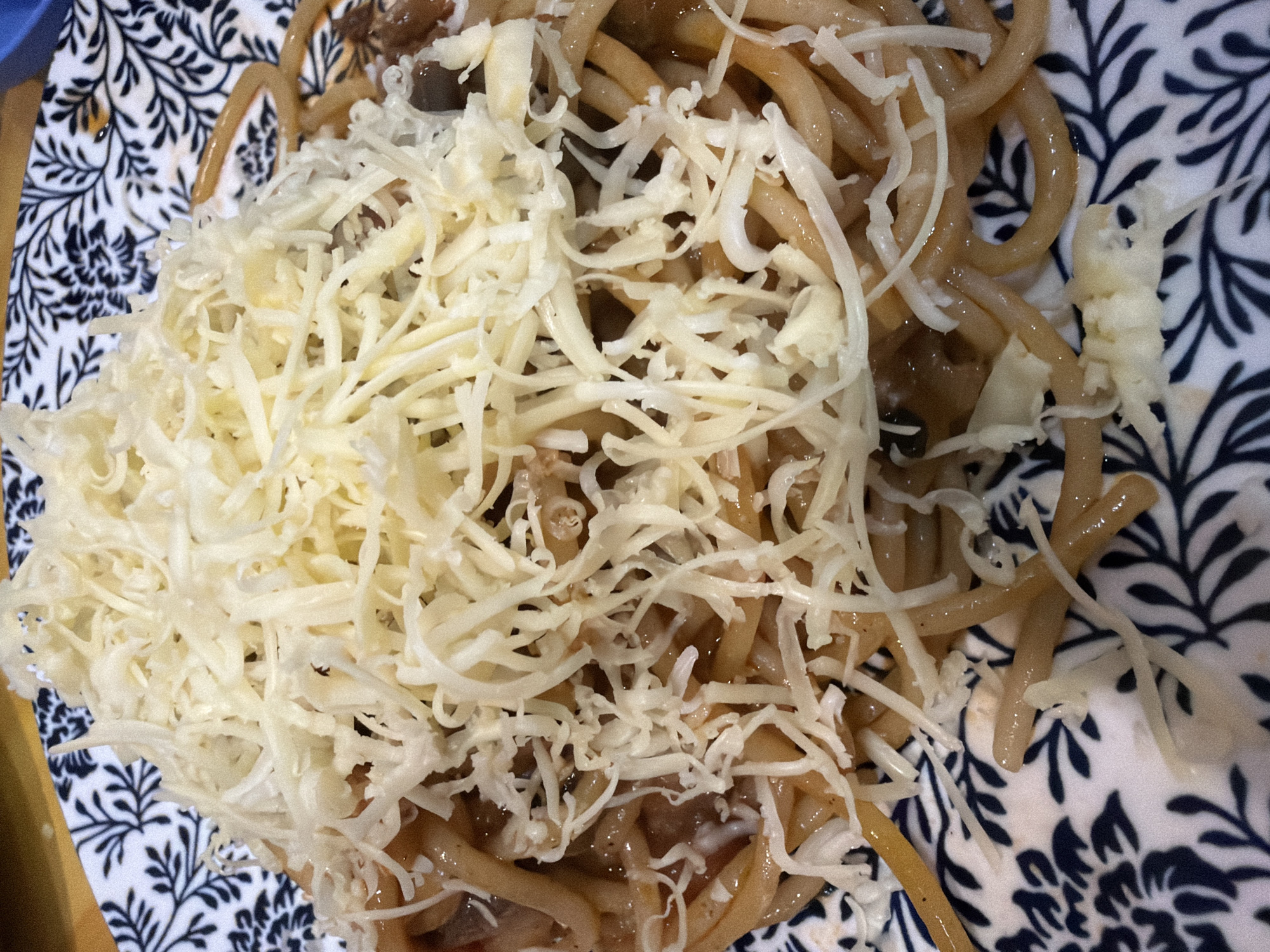 A close-up, high-angle view captures a serving of prepared pasta on a white ceramic plate featuring a dark blue botanical pattern. The pasta consists of light brown, glossy, thick cylindrical strands coated in a reddish-brown sauce that contains darker, indeterminate solid components. A substantial quantity of finely shredded, off-white to pale yellow cheese is piled centrally atop the pasta, covering the majority of the dish. The irregular cheese shreds are visible in detail. The scene is located in Davao City, Philippines.