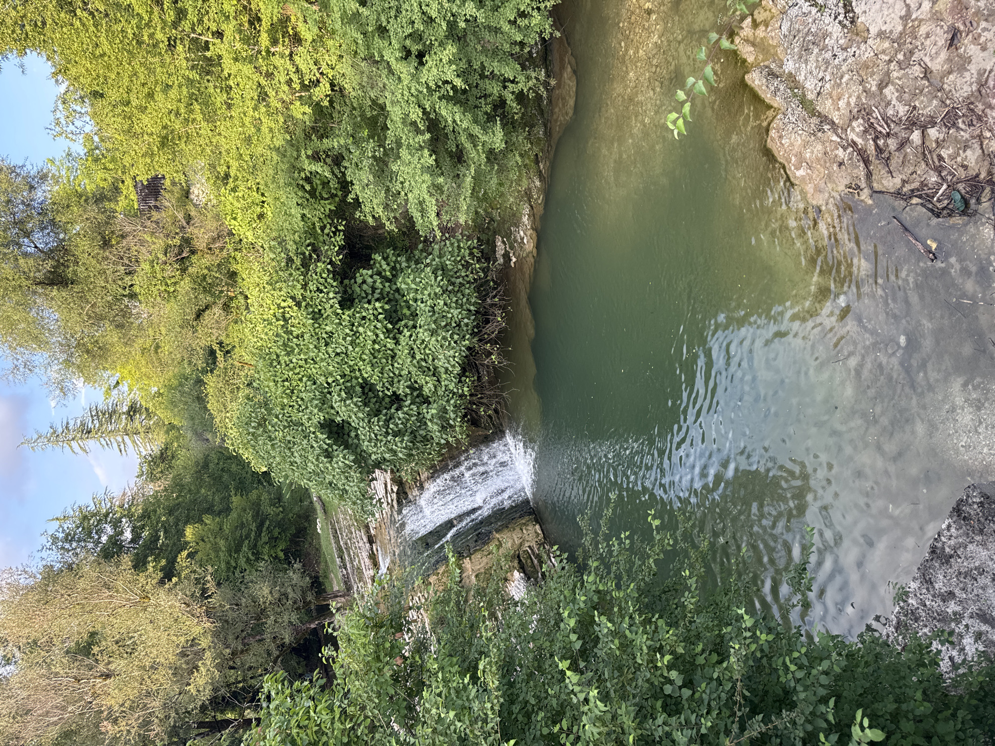 The image depicts a natural waterfall cascading into a clear green pool of water, surrounded by lush vegetation. The scene appears to be a natural landscape within the city of Tsabal, Abkhazia. The water flows over rocky ledges, creating a dynamic visual element. The surrounding trees and foliage are dense, suggesting a natural, possibly uncultivated environment. The sky above is partly cloudy. There are no people or man-made structures visible in the immediate vicinity of the waterfall and pool. The overall impression is one of a serene and untouched natural beauty.