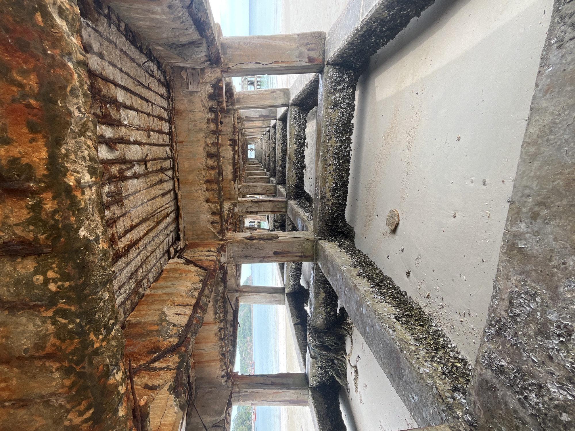 Underneath a severely weathered concrete pier, the sandy beach is visible. The pier structure is characterized by rusting rebar, exposed concrete, and evidence of sea life such as barnacles and algae clinging to the submerged parts of the supports. The ocean, a light blue, stretches towards the horizon with a few boats visible in the distance. The sky is a pale, hazy blue. The scene appears to be located in a tropical coastal area.