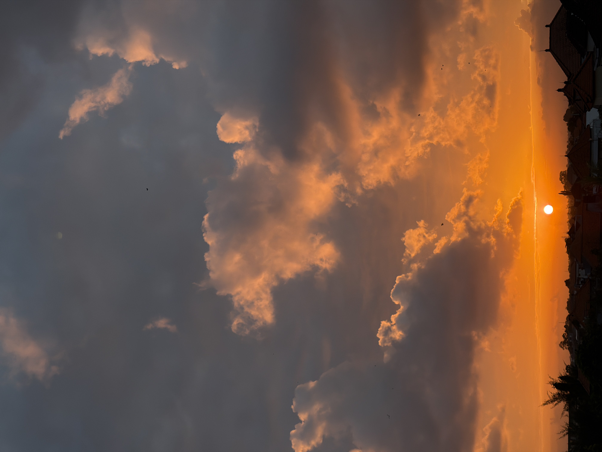 The image depicts a sunset over a cityscape in North Kuta, Indonesia. The sky is filled with dramatic clouds, illuminated by the setting sun which appears as a bright, white disc near the horizon. The clouds are a mix of dark grays and vibrant oranges and pinks, indicating the intense colors of the sunset. Scattered throughout the sky are small, dark silhouettes of birds in flight.
Below the sky, a silhouetted cityscape is visible. Rooftops of buildings, many with distinct architectural styles suggesting traditional Indonesian design with terracotta tiles and pointed structures, are the most prominent features. Some trees and foliage are also visible as dark shapes against the brightly lit sky. The overall impression is one of a breathtaking natural phenomenon occurring over a populated area.