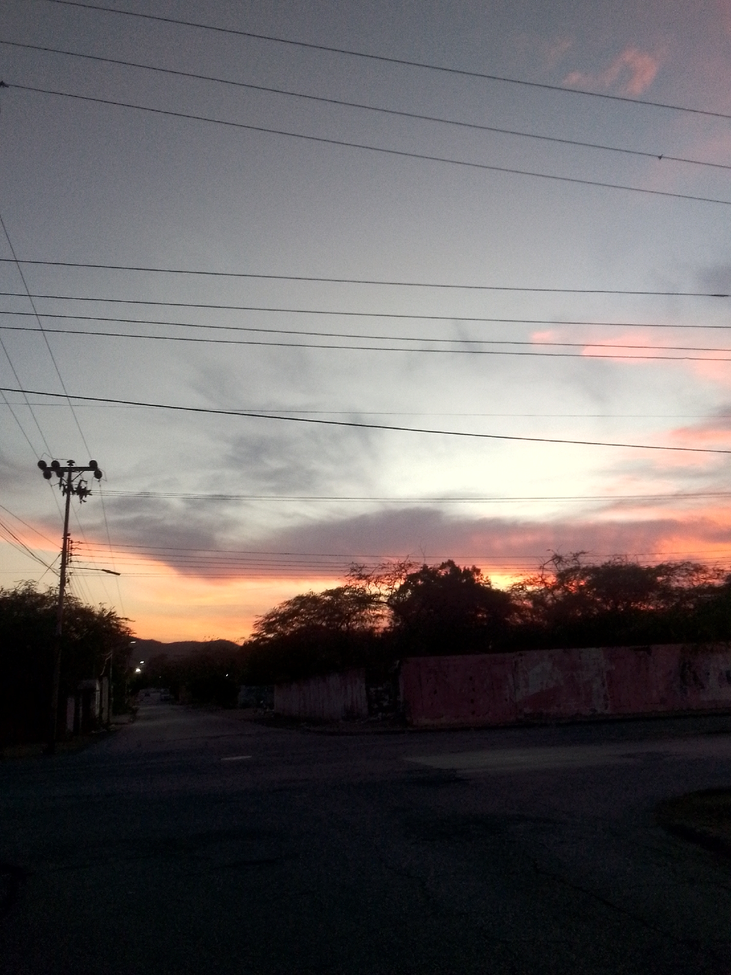The image depicts a sunset over a street in Juan Griego, Venezuela, viewed from a low angle. The sky is a prominent feature, showing dark grey and light grey clouds at the top, transitioning to vibrant orange and pink hues along the horizon, indicating dusk. Several parallel power lines stretch across the upper and middle portions of the sky. To the left, a tall utility pole with multiple crossarms and power lines is silhouetted against the colorful sky, casting a long shadow.
The foreground and mid-ground elements are heavily shadowed due to the low light, appearing mostly in silhouette. Dark trees and dense foliage line the mid-ground, obscuring the horizon in places. To the right, a long, low wall with faded red and white paint is visible beneath the trees. A dark, unlit asphalt road occupies the foreground, extending into the distance where faint outlines of distant hills or mountains are barely visible against the twilight sky. Faint suggestions of streetlights or buildings are discernible along the road in the distance.
No people are present, and no specific activity is taking place, contributing to a serene atmosphere. The notable details include the striking sunset colors, the intricate network of utility lines, and the stark contrast between the bright sky and the darkened landscape. There is no visible text in the image. The scene evokes a sense of tranquil twilight in a residential or semi-rural setting.