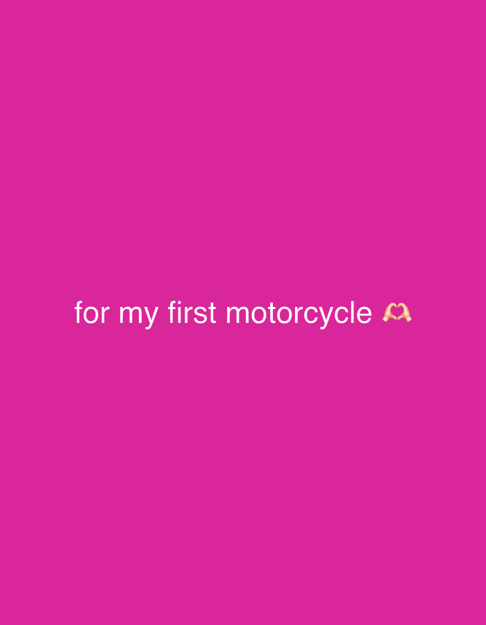 The image is a pink background with the words "for my first motorcycle" written in white text. To the right of the text, there is an emoji of two hands forming a heart shape. The image does not contain any information about the city of Kode, Sweden, or any specific location. It is a plain, digitally created image with text and an emoji.