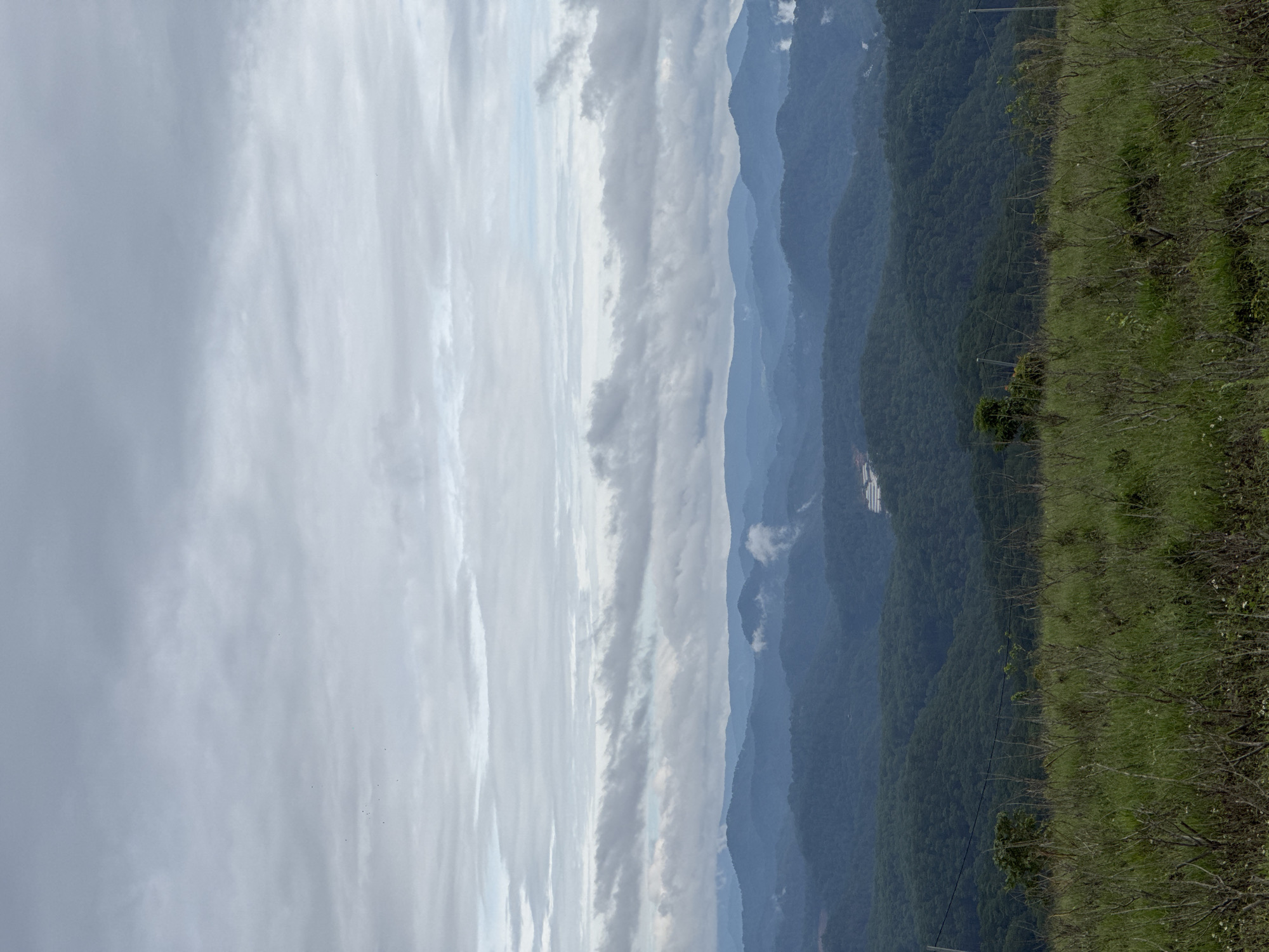 The image shows a mountainous landscape with a foreground of green vegetation and distant, hazy mountain ranges under a cloudy sky. The location is likely near Trường Thọ, Vietnam, based on the surrounding environment.