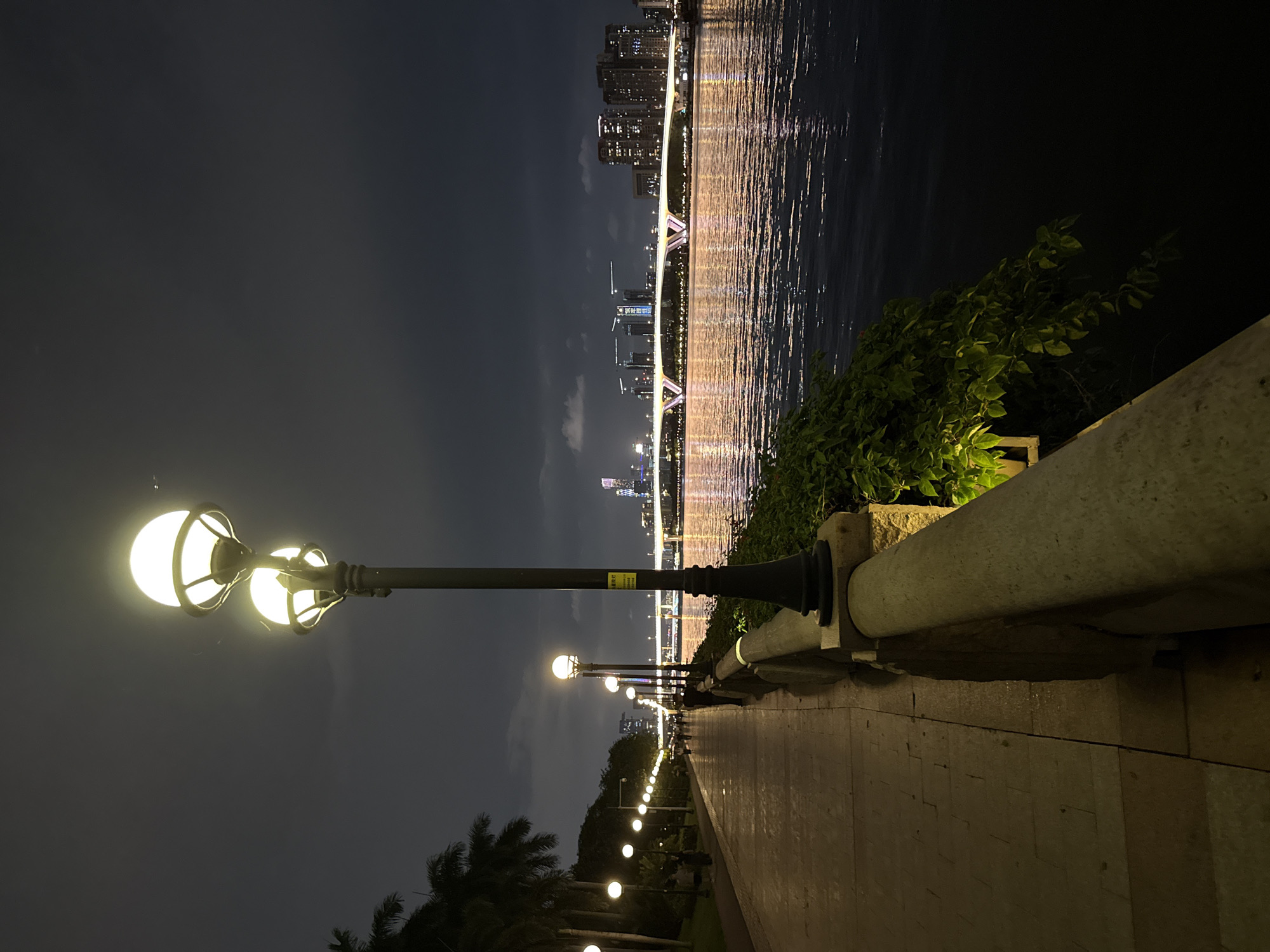 The image depicts a nighttime urban scene along a riverfront promenade in Tianhe District, China. A street lamp with two spherical, glowing white luminaires on a dark pole occupies the right foreground, casting light on a rough-hewn stone balustrade and green foliage that extends to the edge of a dark body of water. A paved walkway, composed of rectangular stone tiles, stretches diagonally from the left foreground into the midground, illuminated by a series of identical street lamps positioned at regular intervals. Several indistinct human figures are visible walking or standing along the promenade in the midground. The river, which occupies the central and right portions of the midground and background, reflects numerous warm-toned lights from the distant urban landscape. In the background, a large, modern bridge, illuminated with warm yellow and pink lights, spans the river. Beyond the bridge, the opposing riverbank features a skyline of multi-story buildings and skyscrapers, many illuminated, with visible construction cranes atop some structures. The sky above is dark grey with visible cloud cover.
