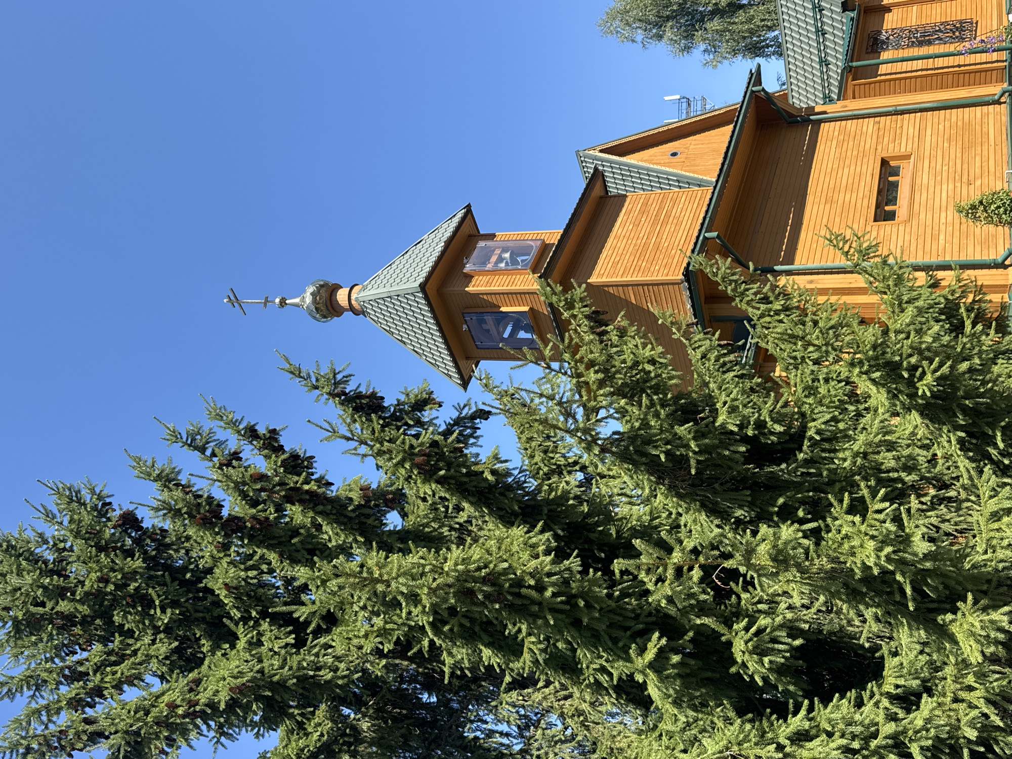 The image shows a wooden church with a green roof, situated in Nizhny Novgorod, Russia. A large evergreen tree with cones is in the foreground, partially obscuring the church. The church has a bell tower topped with a cross. The sky is clear and blue. There are no people visible in the image. The scene appears to be peaceful and serene, with the natural element of the tree contrasting with the religious architecture.