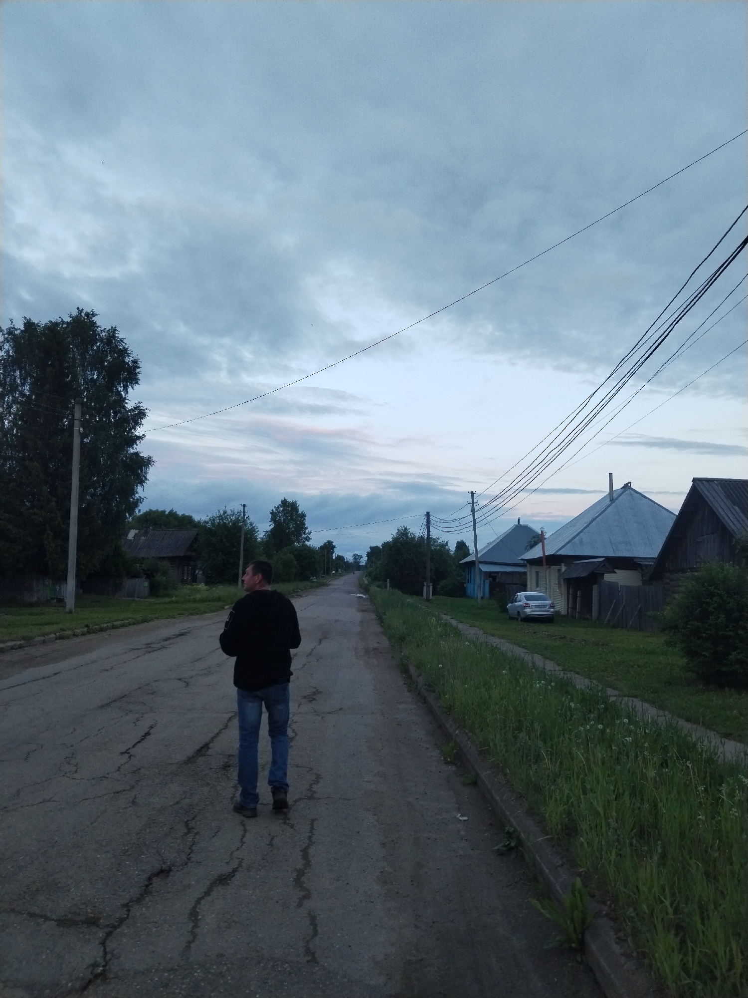 The image depicts a rural or semi-rural street scene in the city of Sosnovo, Russia, captured during dusk or dawn under a cloudy sky.
A male individual, viewed from behind, is walking on a cracked asphalt road that extends into the distance. He is wearing a dark, long-sleeved top and blue jeans, with his head turned slightly to his right.
The road surface is severely compromised with extensive, deep cracks. On the immediate left, a tall, dark-leafed deciduous tree stands next to a wooden utility pole. Further down the left side, additional trees and the roof of a wooden structure are visible.
On the right side of the road, a concrete curb separates the asphalt from a wide grassy verge densely covered with tall green grass and dandelions. Beyond the verge, a series of houses are visible. The closest houses feature distinct pitched roofs, likely metallic and grey. One house has a light blue facade, while an adjacent one is light-colored. A silver sedan is parked on the grassy area in front of these houses. Further down the street, another dark-roofed wooden house is partially visible. Multiple dark utility lines are strung overhead, traversing the upper portion of the frame. The sky is predominantly overcast with grey and white clouds, displaying a subtle pinkish-orange hue near the horizon.
