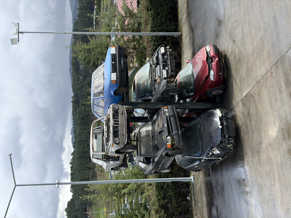 This image displays a vehicle dismantling facility in Vila Real, Portugal, showcasing six severely damaged and partially disassembled vehicles arranged on a three-level metal racking system on a wet concrete surface.
On the left stack, from top to bottom: A light grey/white BMW 2002 coupe, stripped of its doors, hood, and interior, exhibiting extensive rust. Below it is a black Ford Escort Mk4 hatchback, missing its front bumper, with a damaged hood and an open sunroof. The lowest vehicle is a dark grey/black Alfa Romeo 156 Sportwagon with severe front-end impact damage, lacking its bumper and headlights, and a crumpled hood.
On the right stack, from top to bottom: A blue Talbot Horizon sedan, elevated on supports and missing its wheels. Beneath it is a dark grey/black sedan, with its hood removed, exposing the engine bay, and a missing front bumper. The bottom vehicle is a red Alfa Romeo 156 sedan, presenting substantial front-end collision damage, a crumpled hood, and a compromised driver's side front wheel.
The immediate ground is wet, grey concrete or asphalt. The background features a dense evergreen forest covering a hillside under a heavily overcast, cloudy sky. Two tall metal light poles with floodlight fixtures are visible, flanking the car rack. Additional salvage vehicles are discernible in the distant background.