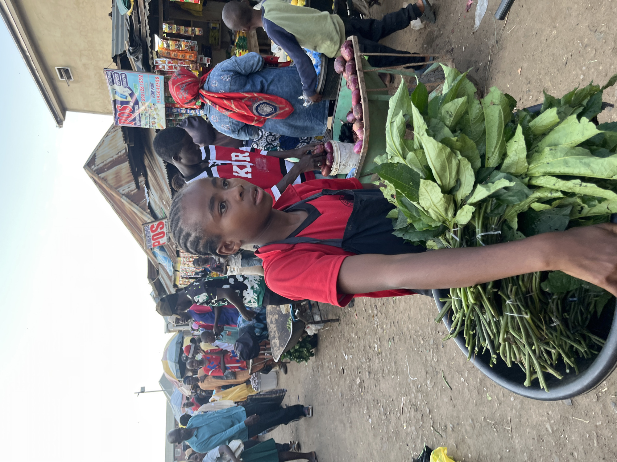 In Rafin Par, Nigeria, a busy market scene unfolds under the bright sky. The foreground is dominated by a young person wearing a red and black shirt, holding a large bunch of green vegetables in a black tub. Their gaze is directed towards the viewer, with a neutral expression. Behind them, a bustling marketplace is evident, with numerous people engaged in various activities.
Stalls are set up, displaying an array of goods, including what appear to be packaged snacks and other items on shelves. A woman in a blue top and a red headscarf is visible near one of the stalls, alongside other market-goers. Further back, more people are gathered, some appearing to be shoppers and others vendors. A child in a green shirt and dark pants walks past a stall laden with purple onions in a basket. The ground is dirt, with scattered debris, indicative of an outdoor market.
The overall impression is one of a lively, everyday market day. The bright natural light suggests it is daytime, likely mid-morning or afternoon. The presence of diverse people and the arrangement of goods point to a commercial hub where daily necessities are bought and sold. The setting appears to be an open-air market, common in many Nigerian towns and cities. The emotional tone is neutral, focused on the candid capture of a moment in a vibrant community. Visible text includes "POS" on a sign in the background, indicating a point-of-sale service, and numbers on a sign which may relate to contact information for a business.