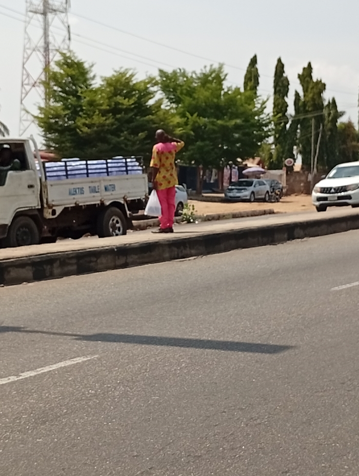 The image depicts a daytime street scene in Adankolo, Nigeria. A two-lane asphalt road occupies the foreground, featuring a dashed white line on the right side and a long shadow extending across it. A dark gray concrete curb separates the road from a dirt shoulder.
On the dirt shoulder, a white light-duty truck is visible on the left, parked or moving slowly. Its open bed is loaded with multiple rows of packaged bottled water, likely in blue or white wrapping. The side of the truck bed bears the inscription "ALEKTUS TABLE WATER." A driver's side cabin is partially visible.
Standing to the right of the truck on the dirt shoulder is a bald male subject with dark skin. He wears a short-sleeved shirt patterned in yellow and pink, and matching pink trousers. His right hand is raised to the back of his neck or head, and he holds a white plastic bag in his left hand. He faces away from the viewer, looking towards the right side of the frame.
Across the dirt shoulder, a commercial area is visible. It features small structures or stalls with items, possibly clothing, hanging for display. A silver sedan, another dark vehicle, and a motorcycle are parked on a dirt lot behind these structures. A red circular sign is also discernible. A white SUV is partially visible on the main road in the far right foreground.
The background consists of green trees, including large, leafy trees on the left and taller, slender trees on the right. A large metallic lattice tower, indicative of a high-tension power line, is prominent in the upper left background. The sky is bright and clear.