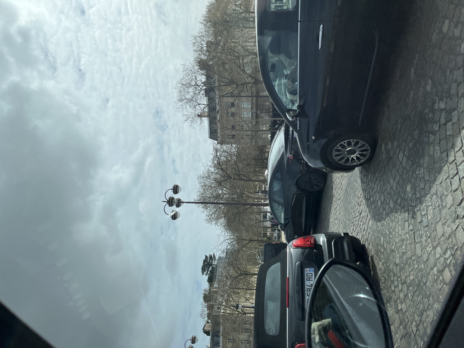 The image depicts an urban traffic scene on a cobblestone (pavé) street within Place de la Concorde, Paris, France. The perspective is from inside a vehicle, looking forward.
In the immediate foreground, the lower left shows the reflection in a side mirror and the rear of a black Mini Cooper Convertible with a French license plate (984 AD) partially visible. To the right of the Mini Cooper, a black Tesla Model 3 is positioned, seen from the rear. Further to the right and slightly in front, a dark-colored Fiat 500 is visible from its left side; a person with a light-colored head covering is discernible in the passenger seat. Vehicles are static or moving slowly, indicating traffic.
The background features typical Parisian Haussmannian architecture, including large, light-colored stone buildings with classical facades and mansard roofs. Between the street and these buildings lies a wide expanse of park-like area populated by numerous deciduous trees, currently bare. Ornate black lampposts with four globes are scattered throughout the scene. The sky is overcast with patchy clouds, and diffused sunlight creates soft shadows. Reflections from the viewing vehicle's interior are visible across the upper portion of the image.
