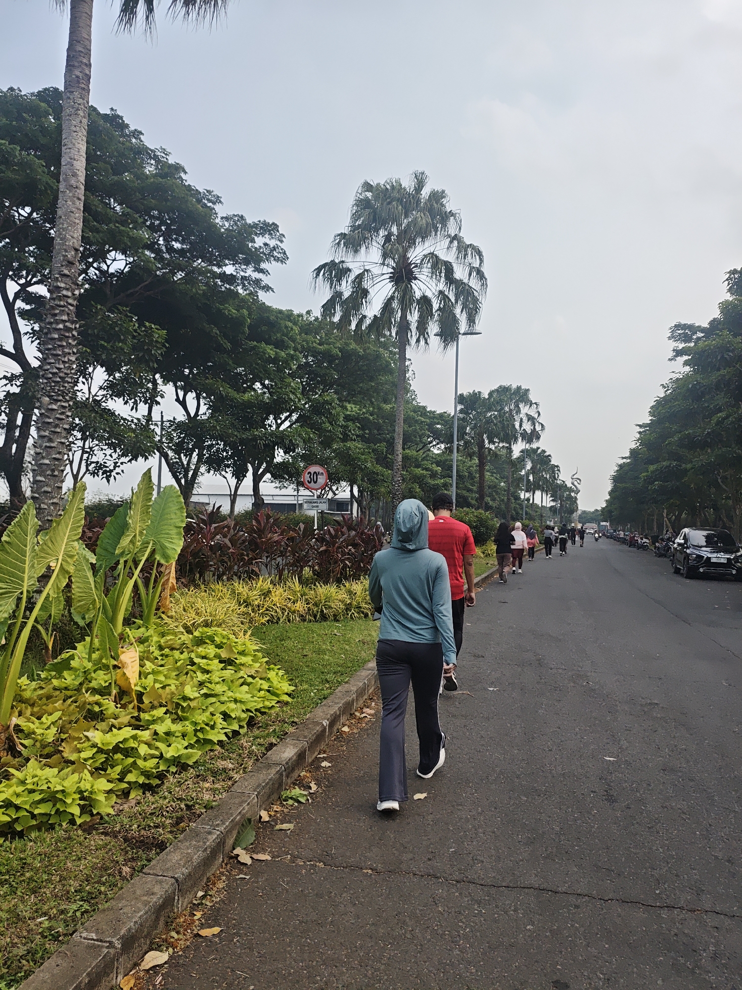 In Bacin, Indonesia, a group of people are seen walking on a paved road lined with lush greenery and palm trees. The foreground is dominated by a woman in a teal hoodie and black pants, walking away from the camera. Behind her, a man in a red shirt and black pants is also walking. Further down the road, other individuals are visible, some walking and some possibly jogging. The road also has parked cars and motorcycles on the right side. A speed limit sign indicating 30 km/h is visible among the trees. The sky is overcast.