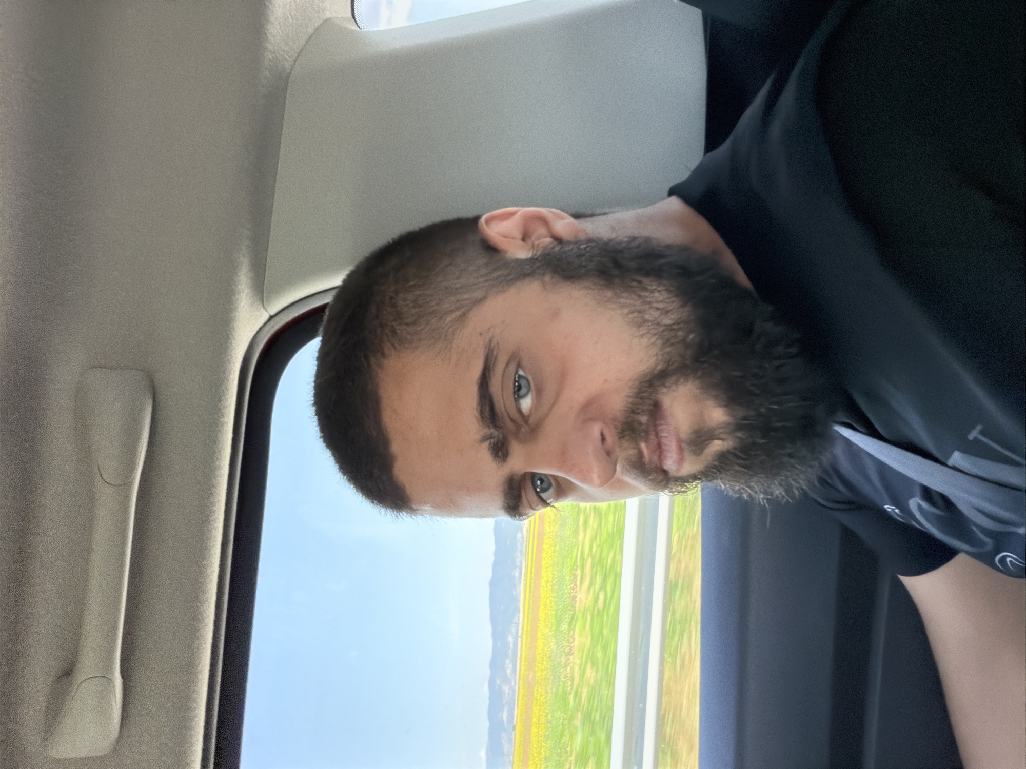 The image shows a close-up selfie of a man with a beard, looking directly at the camera. He is seated in the passenger seat of a vehicle, as indicated by the car's interior elements visible in the foreground, such as a grab handle on the ceiling and the headrest of the seat behind him. Through the window, a bright sunny sky and a landscape of yellow fields and distant hills can be seen, suggesting a rural or suburban setting. The man is wearing a black t-shirt and a grey seatbelt. The overall impression is that of a person taking a photo while traveling. Based on the provided context, the scene is located in the vicinity of Nedyalsko, Bulgaria, likely along a road traversing agricultural land.