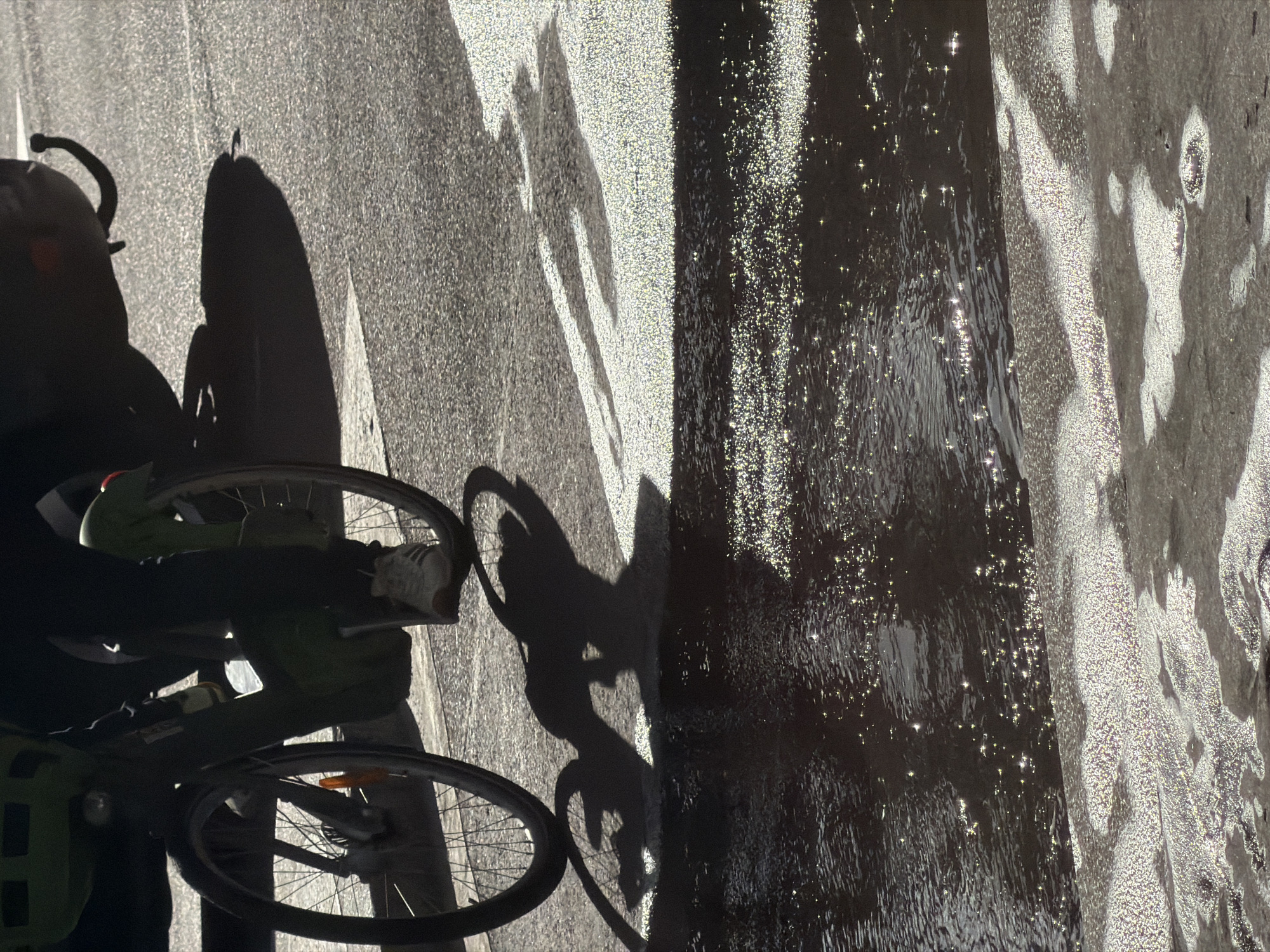 The media file captures a high-contrast, sunlit scene from an overhead or slightly elevated perspective, rotated clockwise. The ground, likely pavement or asphalt, is divided into intensely lit and deeply shadowed areas. On the left, a bicycle is partially visible, showing its front wheel, part of the frame, and a shoe resting near a pedal.
Prominently featured are long, dark shadows cast across the bright ground. The most distinct shadow belongs to a person on a bicycle, stretching from the unseen rider to the right. Other elongated, irregular shadows also extend across the pavement, suggesting the presence of additional objects or structures outside the frame.
To the right of the paved area, a dark, reflective surface, likely a puddle or stream of water, catches the strong sunlight. This water body is covered with numerous sparkling points of light, indicating a shimmering or rippled surface under direct sun. The bright areas of the pavement also exhibit a shimmering, speckled texture due to the intense light.
The strong, low-angle shadows and bright reflections suggest either early morning or late afternoon on a clear, sunny day. The scene conveys an urban setting consistent with the provided location context of Paris, France. No discernible text is visible in the image.
