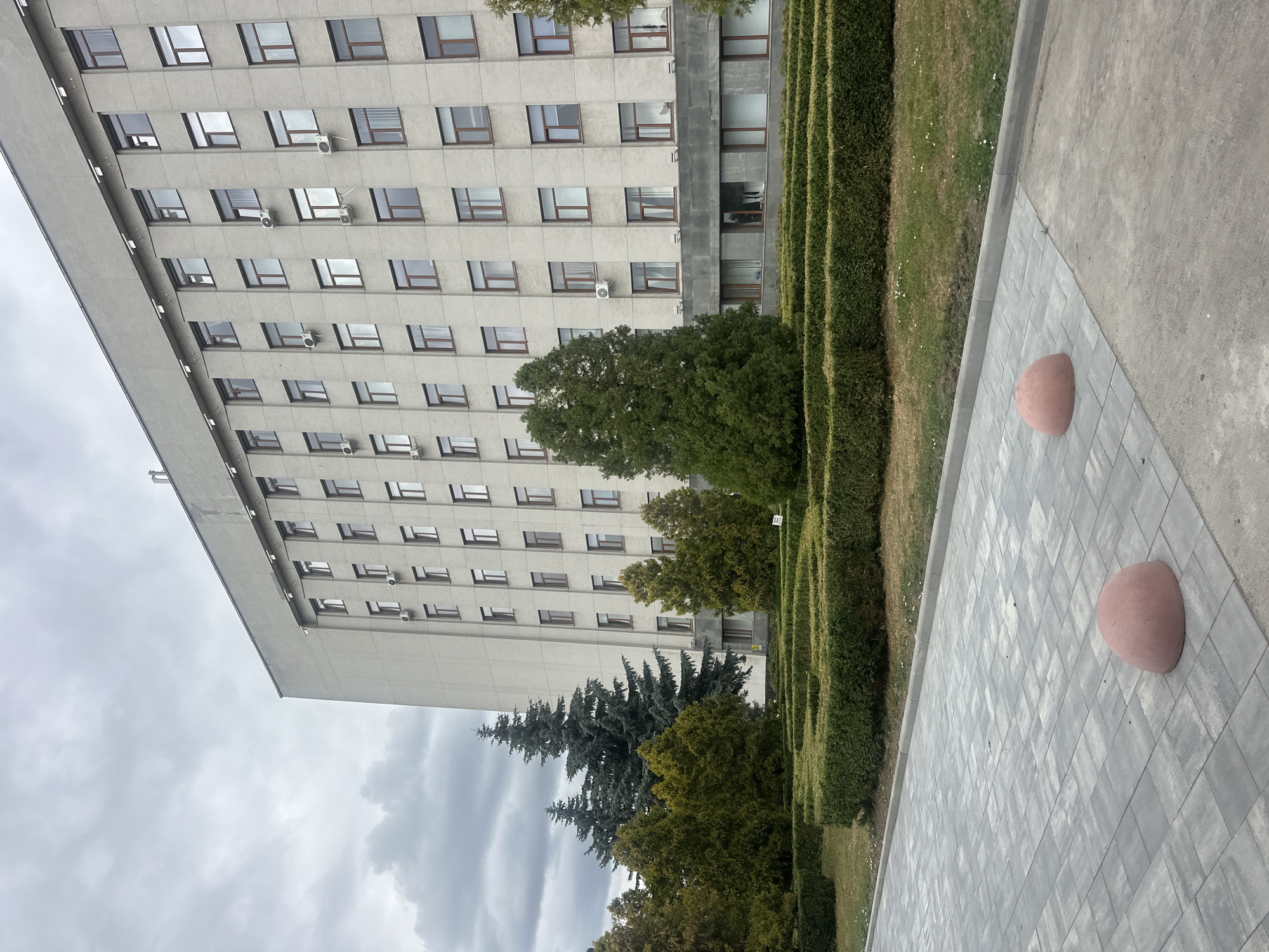 The image shows the Ternopil Regional State Administration building in Ternopil, Ukraine, under a cloudy sky. The building is a large, light-colored, multi-story structure with many windows and visible air conditioning units. In front of the building, there is a neatly trimmed hedge maze, surrounded by grass. A paved walkway with a textured pattern leads to the foreground, with two pink, dome-shaped bollards placed on it. Several evergreen trees of varying heights, including tall, dark green pines and smaller, lighter green cypresses, are situated between the building and the walkway. The overall scene depicts an institutional setting with well-maintained landscaping.