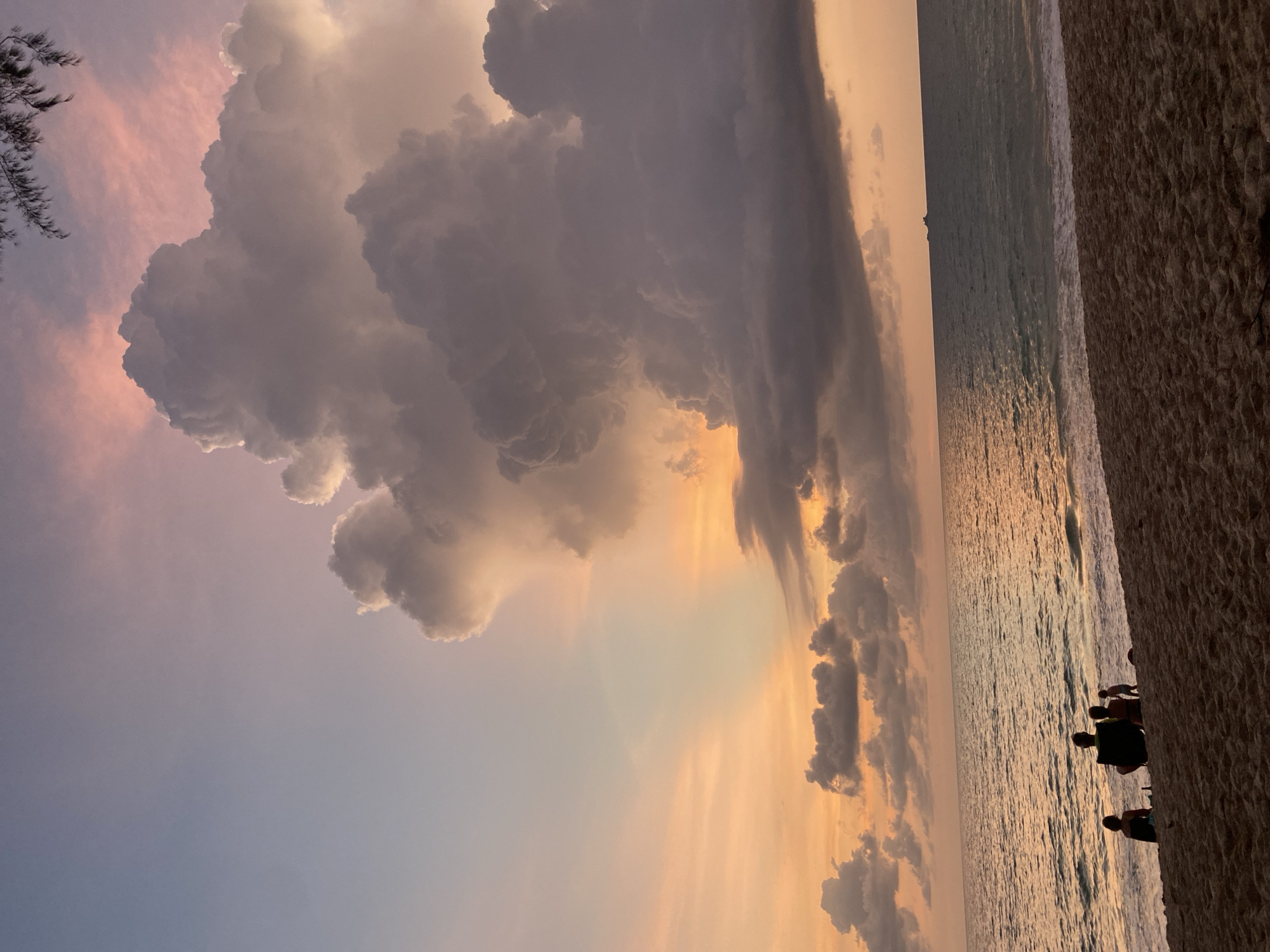 This image captures a breathtaking sunset or sunrise over a beach in Choeng Thale, Thailand. The scene is dominated by a dramatic sky filled with voluminous, textured clouds. In the upper left, the sky displays soft pastel pinks and blues, transitioning towards the center and right into vivid oranges, yellows, and peach tones, indicative of the sun's low position.
Massive cloud formations stretch across the sky; their undersides and shaded areas appear dark grey and purplish, contrasting sharply with their edges and sunlit portions which glow with bright white and golden hues. Smaller, scattered clouds also dot the warmer parts of the sky, extending towards the horizon.
The horizon line bisects the mid-right portion of the image, separating the radiant sky from the tranquil sea. The ocean, occupying the lower-right, reflects the soft, warm light, creating shimmering patterns on its surface. Gentle waves are visible, lapping against the shore.
On the far right, a strip of sandy beach is visible, appearing dark and textured, likely in shadow. Several small, silhouetted figures are standing or wading near the water's edge on the beach, their forms indistinct against the bright backdrop. They appear to be observing the scenic vista. In the upper-left corner, dark, wispy foliage, possibly tree branches, frames the sky.
The overall mood is serene and majestic, showcasing the natural beauty of a coastal twilight. There is no visible text in the image.