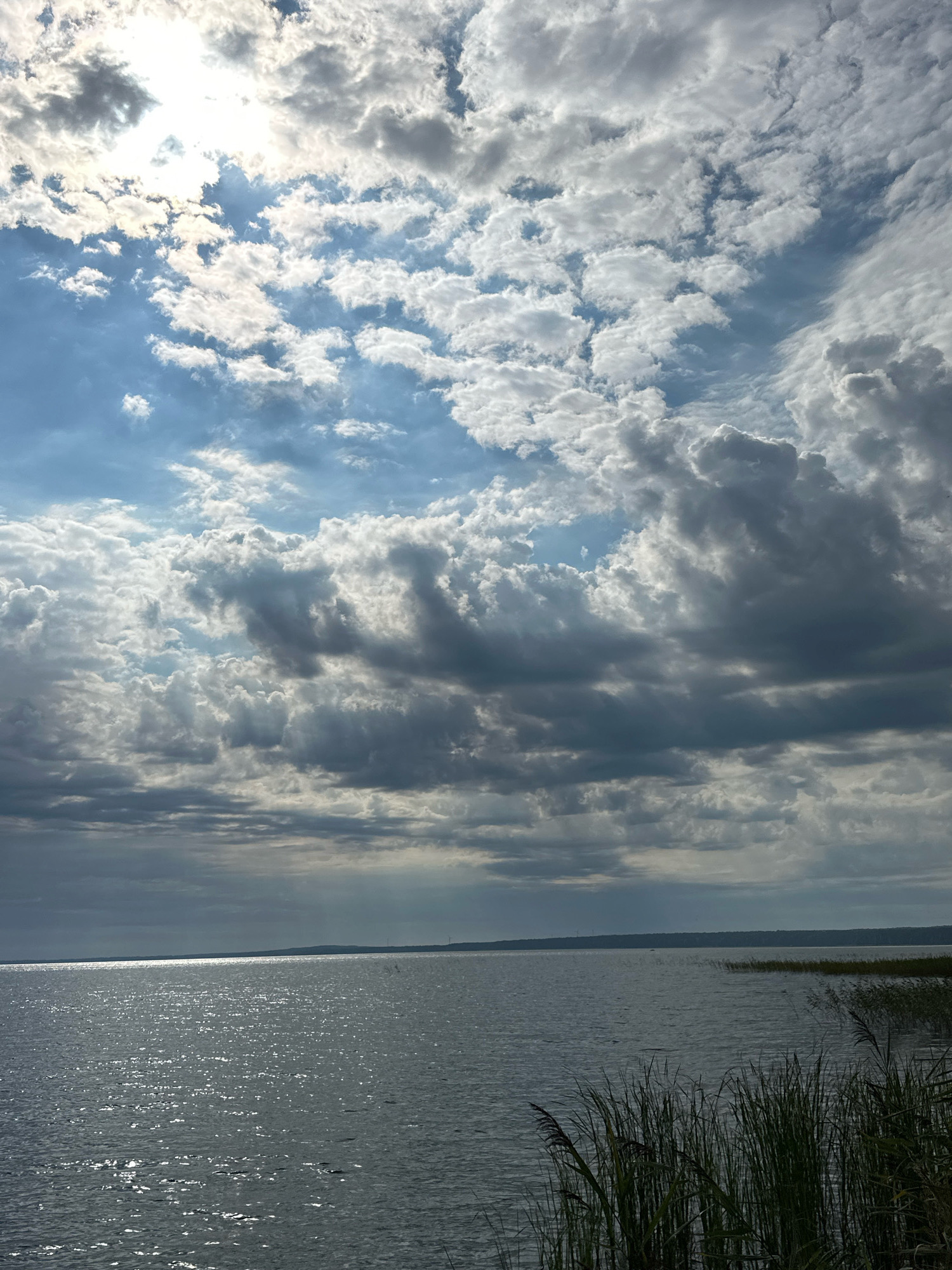 The image captures a scenic view of a large body of water, likely a lake, under a dramatic sky filled with a mix of bright white and dark gray clouds. The sun is partially obscured by clouds, casting shimmering reflections on the water's surface. The shoreline is visible in the distance, appearing as a dark, low-lying strip. In the foreground, tall, green reeds or grasses grow along the edge of the water, creating a natural border. The overall impression is one of a serene and expansive natural landscape. This scene is located in the Нарацкі сельскі Савет, Belarus.