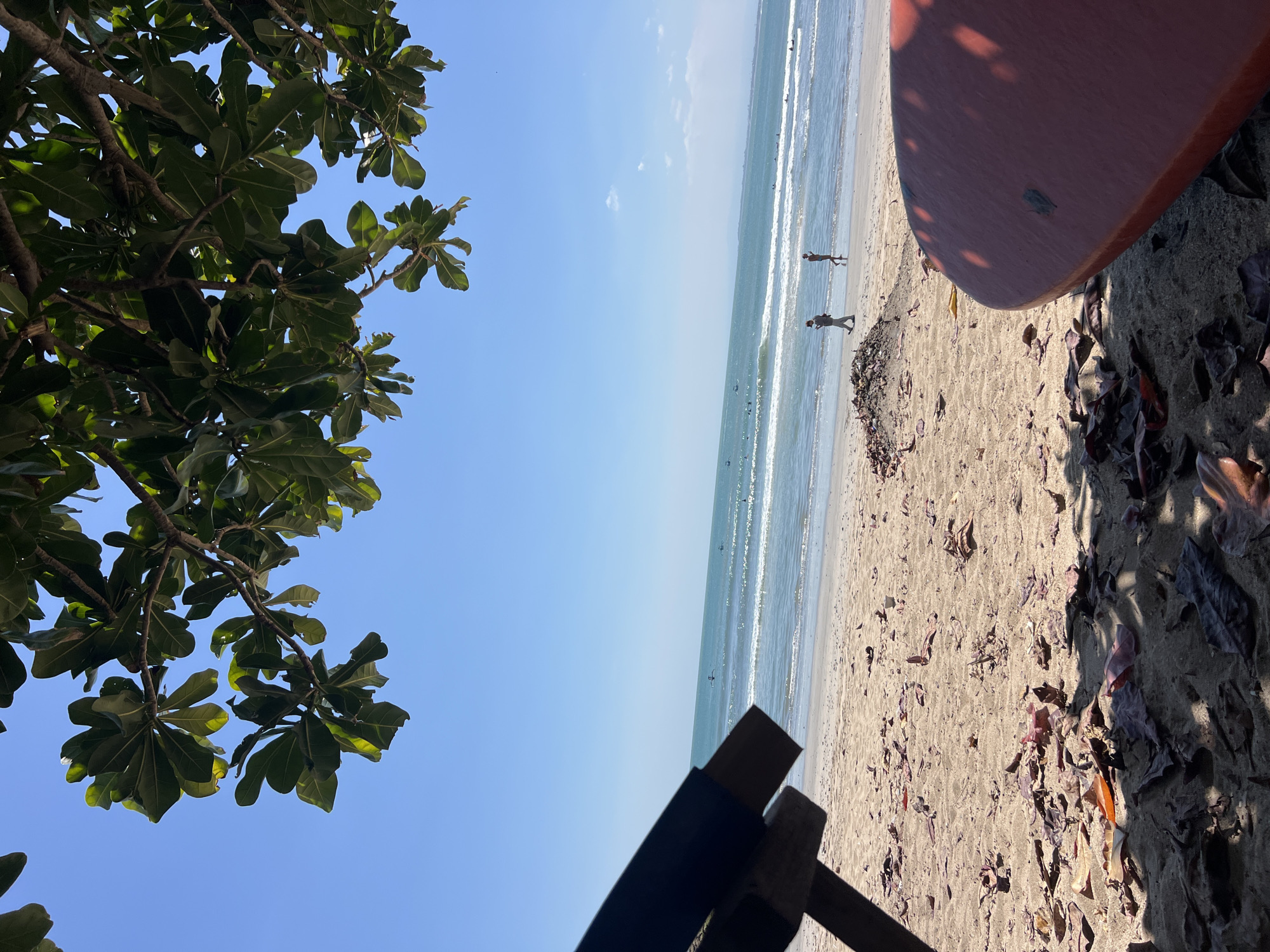 A beach scene in Kuta, Indonesia, unfolds under a clear blue sky, with lush green leaves and branches from a tree framing the top of the image. The foreground is dominated by sandy beach scattered with dry leaves and a portion of an orange surfboard. A wooden structure, possibly part of a beach chair or table, is visible on the left. In the middle ground, two individuals are walking along the shoreline, while several other people can be seen in the distance in the ocean, some of whom appear to be surfing or playing in the water. The gentle waves of the turquoise ocean create a serene backdrop.