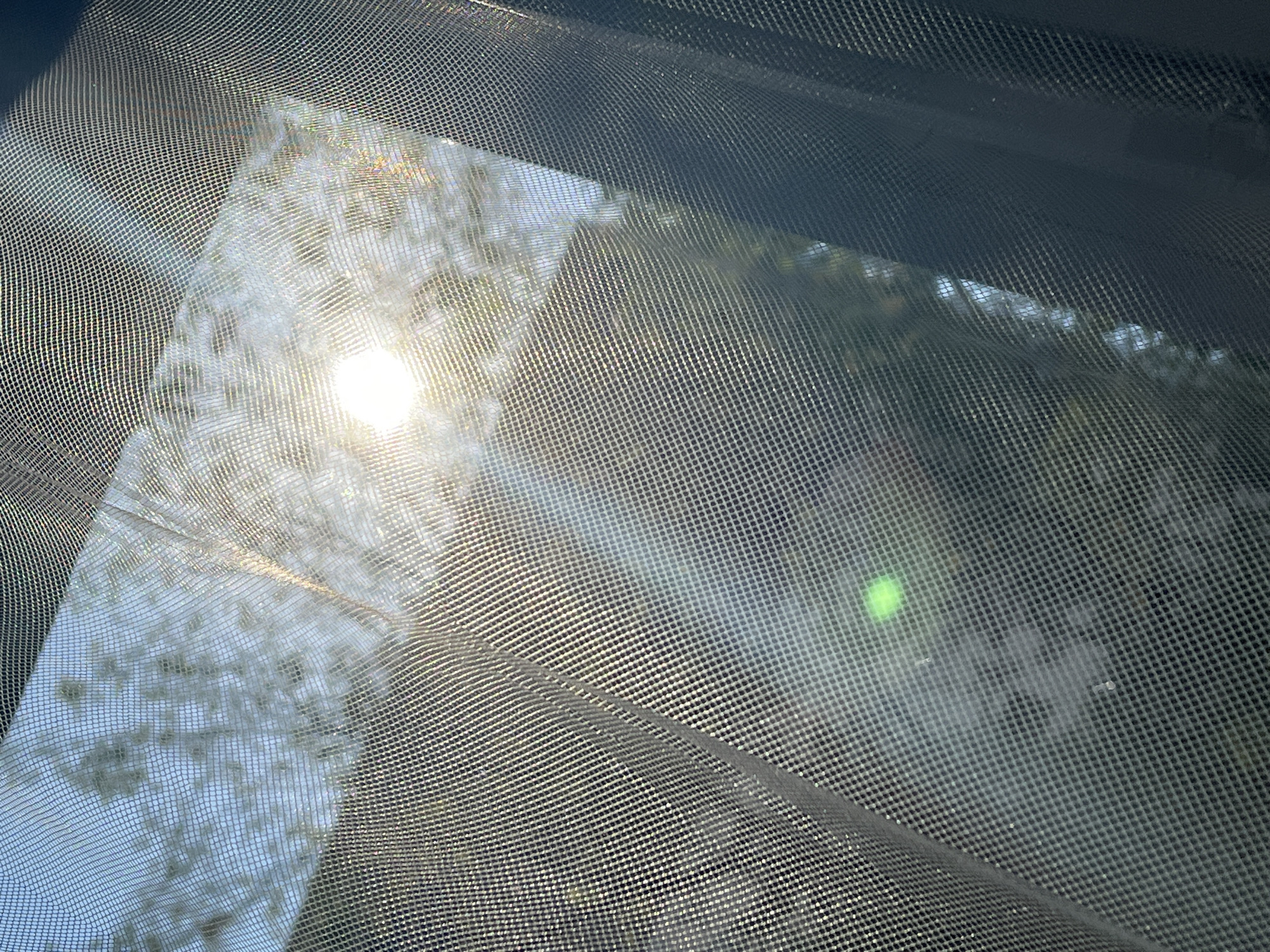 This is a close-up, slightly angled shot of a mesh fabric with sunlight shining through it. The mesh appears to be a light color, possibly white or translucent, and it is draped in a way that creates folds and curves. The sunlight is bright and creates lens flare, particularly a noticeable green lens flare in the lower-middle section of the image, as well as some rainbow-like flares where the light hits the mesh at an angle. Through the mesh, a blurry background of foliage and a bright sky with the sun visible can be seen. The overall impression is that the photo was taken outdoors, possibly through a screen door or a tent, on a sunny day. There is no indication of the location being specifically Warsaw, Poland, nor are there any people, actions, or interactions depicted. The scene is purely about the interaction of light and mesh fabric.