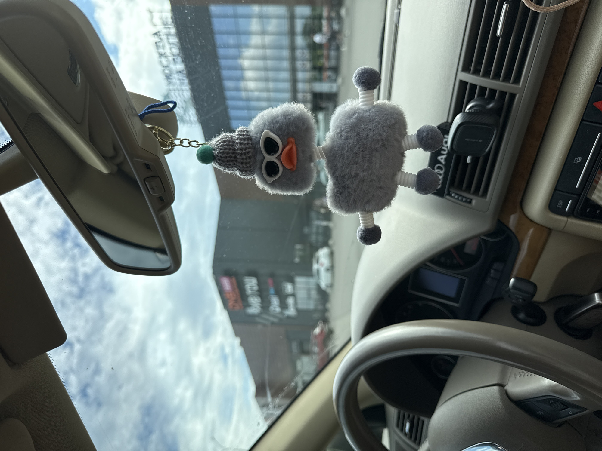 A forward-facing, interior view is seen from the driver’s seat of a motor vehicle. A grey, furry, bird-like doll wearing a knitted cap hangs from the rearview mirror. An air vent to the right holds a car phone mount. The car’s dashboard and steering wheel are tan. Through the windshield, a multi-story building is visible. Reflections in the windshield obscure details but signage indicates the location is in Moscow, Russia.
