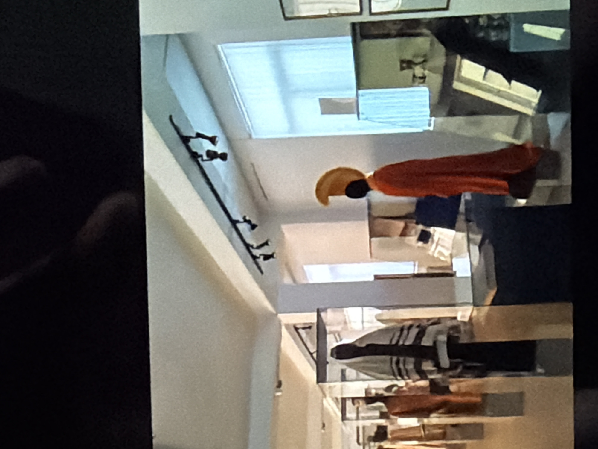 This media file depicts an indoor scene, possibly a retail environment or a museum, given the display of items on shelves and wall-mounted racks. The primary subject is a mannequin dressed in a vibrant orange garment, which appears to be a robe or a cape. The mannequin is positioned to the right of the frame, with its head tilted upwards and its body angled to face a lighter area of the room.
To the left of the orange-clad mannequin, a wall features a series of dark, stylized hooks, suggesting a place where garments or accessories might be displayed or hung. Further down this wall, a sequence of dark, abstract shapes resembling figures or sculptures are mounted, adding an artistic element to the setting.
The background reveals architectural features like a skylight or a large window, casting a bright, diffused light into the space, which is consistent with daytime. The scene is further populated by shelves filled with various objects, some of which are light-colored and boxy, while others are darker and more indistinct. One shelf contains what looks like a display of small, light-colored structures.
Another section of the scene shows a display of striped fabric or clothing, laid out horizontally on a shelf, with what appears to be a dark garment underneath. The overall impression is one of a well-lit, possibly modern interior designed for display or sale. There is no visible text in the image. The image is taken from a high angle, looking down into the space, and the orientation of the scene is rotated.