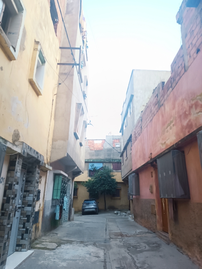 An alleyway is enclosed by buildings of varying heights and colors: beige, yellow, and pinkish-red. The alley is paved and features a tree in the center, behind which a gray car is parked. Laundry is hanging to dry near a doorway on the left. Windows and doorways are visible on both sides, with some windows having barred coverings. The sky appears light, possibly indicating overcast conditions.