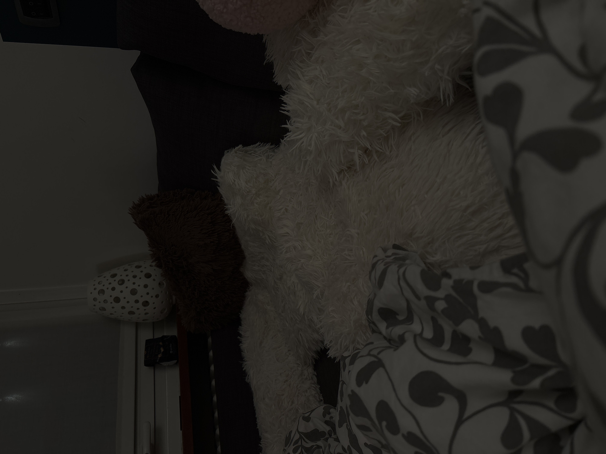 The image depicts a dimly lit indoor scene, possibly a living room or bedroom. In the foreground, a gray and white patterned blanket or sheet is visible, partially covering a white, shaggy, faux-fur blanket or rug. This shaggy textile extends into the midground, suggesting it covers a surface such as a bed or sofa. To the left, a dark brown, shaggy cushion or pillow rests against a dark gray or black upholstered furniture piece, likely a sofa back or headboard.
In the background on the left, a white window frame with a handle is visible. On a surface beneath or beside the window, a white, oval-shaped decorative object with numerous circular cutouts, resembling a lamp or vase, is placed. Next to it, a small, dark rectangular object, possibly an electronic device or box, is present. The background on the right features a dark teal or green wall section, on which a light switch or control panel with two circular indicators is mounted. No people are visible. There are no visual cues within the image that indicate the location is the city of Milan, Italy.