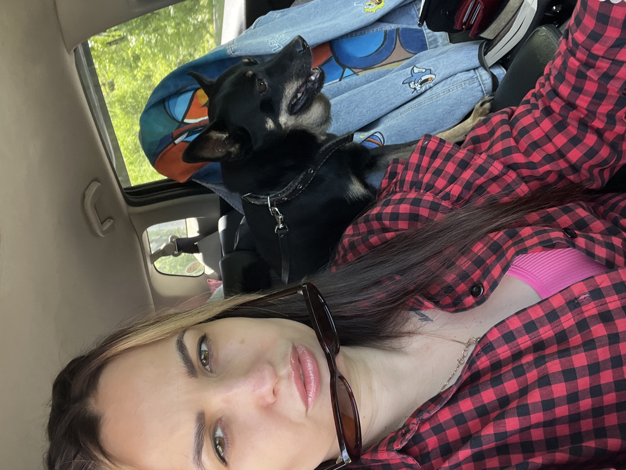 The image features a woman taking a selfie inside a car, with her dog positioned near her. The photo is rotated, showing the woman lying on her back or with the camera angled.
The woman, visible in the foreground, has long dark hair with lighter highlights. She is wearing a red and black buffalo plaid shirt over a bright pink top. A delicate silver chain necklace is visible around her neck. Dark sunglasses are resting on her face, covering her forehead and parts of her nose, but her light-colored eyes (hazel/brown) are clearly visible, along with her well-groomed eyebrows and glossy, light pink lips. Her expression is neutral and relaxed.
Next to her, slightly behind and above, is a dog. It appears to be a medium-sized dog, possibly a German Shepherd mix or similar breed, with black fur and tan markings, particularly on its chest and snout. The dog is wearing a black collar with metal studs and a D-ring. Its head is tilted upwards and slightly to the side, mouth slightly open, revealing some teeth, as if looking intently at something above or outside the car.
The background shows the interior of a car, with a light-colored headliner and a window revealing lush green foliage outside, suggesting daytime. A blue denim jacket or piece of clothing with cartoon character patches, including one resembling Sonic the Hedgehog, is visible folded near the dog, acting as a makeshift cushion or item of luggage. A rearview mirror is also partially visible in the upper right.
No explicit text is visible in the image.