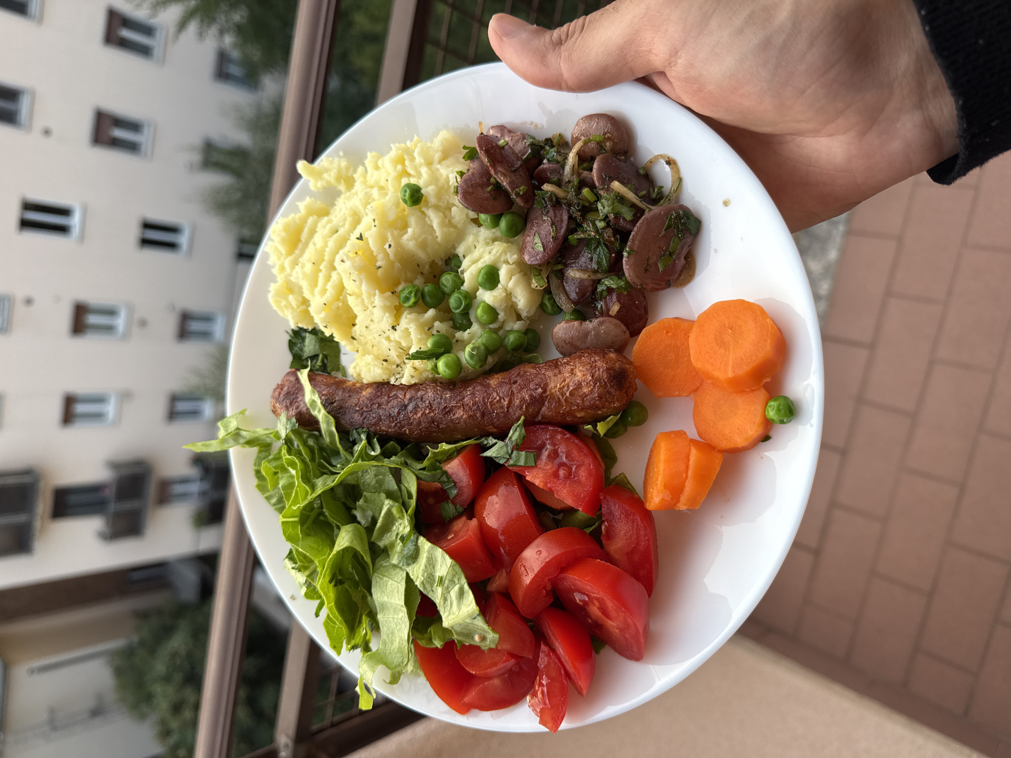 A plate of food is held up in front of a view of the city of Milan, Italy. The food on the white plate includes mashed potatoes with peas, a sausage, lettuce, sliced tomatoes, sliced carrots, and cooked beans with herbs. A person's hand holds the plate. In the background is a building with windows and a balcony with a brown metal railing.