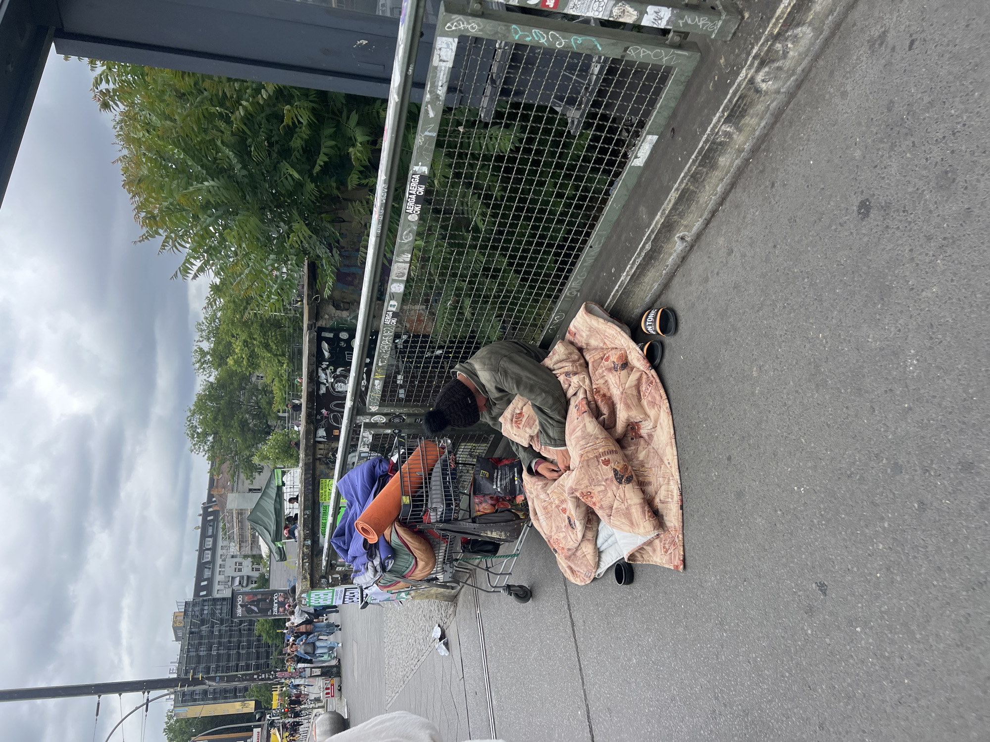 A person is sleeping on the sidewalk next to a shopping cart filled with belongings, near a pedestrian walkway with a metal railing and trees in the background. The person is covered with a patterned blanket and wearing a dark beanie and a jacket. The shopping cart contains various items, including blankets, a yoga mat, and bags. The scene appears to be outdoors in an urban environment, possibly on a bridge or elevated walkway, given the railing and the view of buildings and trees. The ground is paved, and there are some signs and graffiti on the railing. The overall impression is one of homelessness or transient living in a public space.