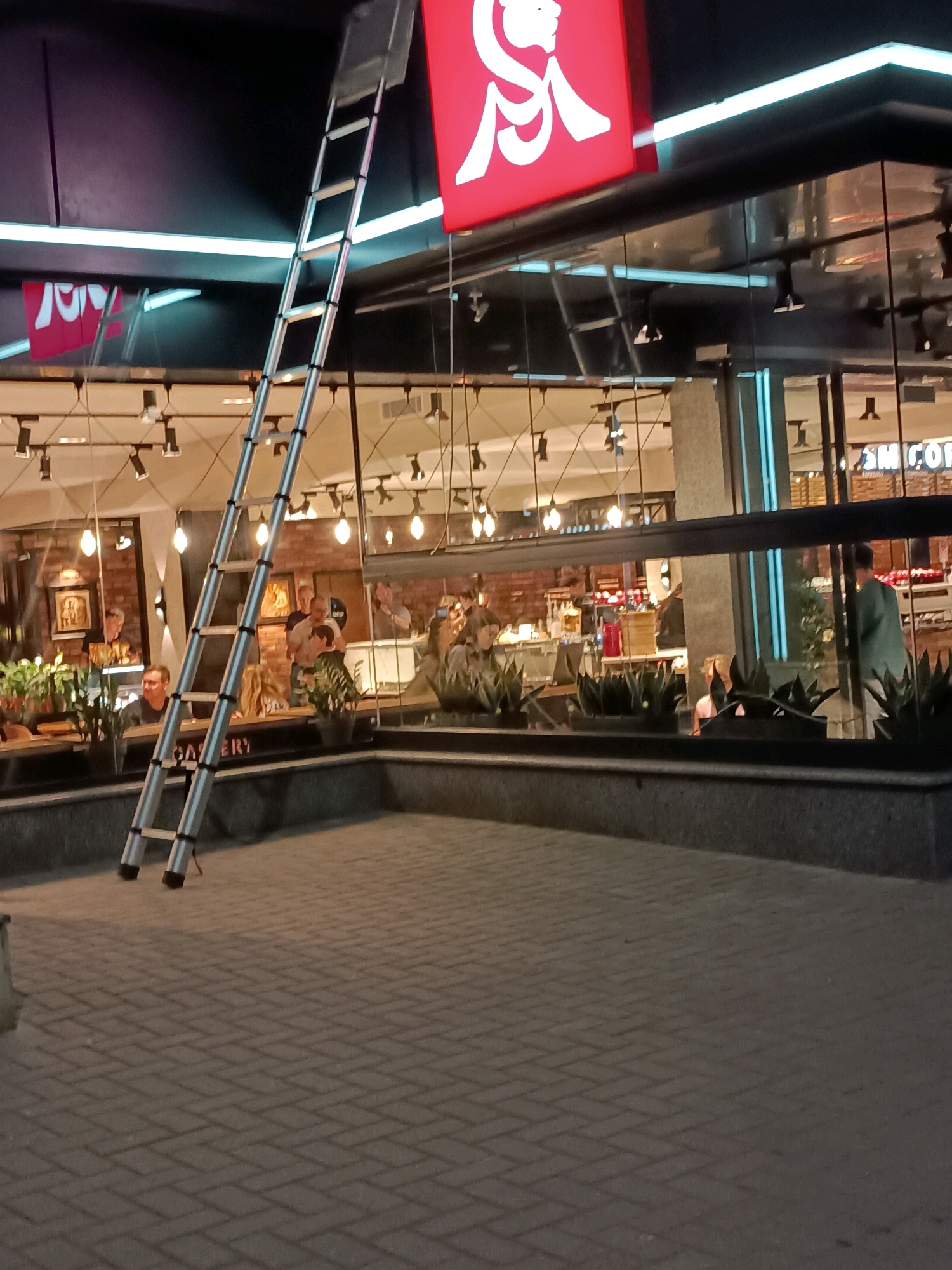 A tall silver ladder leans against the facade of a building at night. The building appears to be a cafe or restaurant, with large windows displaying the interior. Inside, patrons are seated at tables, and there is visible signage and lighting. A red sign with a white logo is visible at the top of the building. The ground in front of the building is paved with interlocking bricks. The location is identified as Chișinău, Moldova.