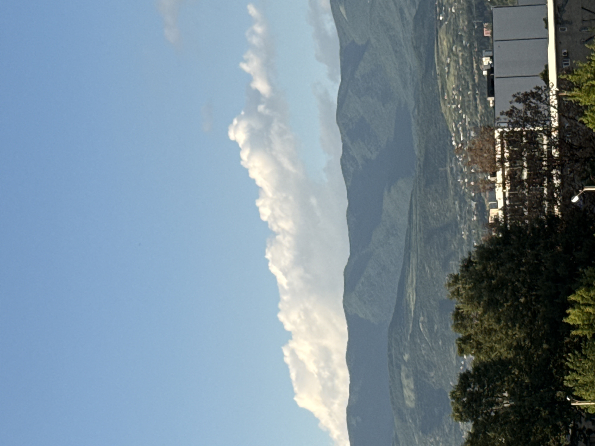 The image captures a panoramic view of Tbilisi, Georgia, under a clear blue sky dotted with fluffy white clouds. In the foreground, lush green trees line the bottom of the frame, partially obscuring a streetlamp. Behind the trees, modern buildings with flat roofs and windows are visible, suggesting an urban environment. The middle ground is dominated by rolling green hills, with a scattering of houses and structures indicating a densely populated area. In the distance, a majestic mountain range forms the backdrop, its slopes covered in a verdant carpet of trees. The overall impression is one of natural beauty juxtaposed with urban development, characteristic of Tbilisi's unique landscape. The lighting suggests it is daytime, with sunlight illuminating the scene. No people or animals are visible in the image.