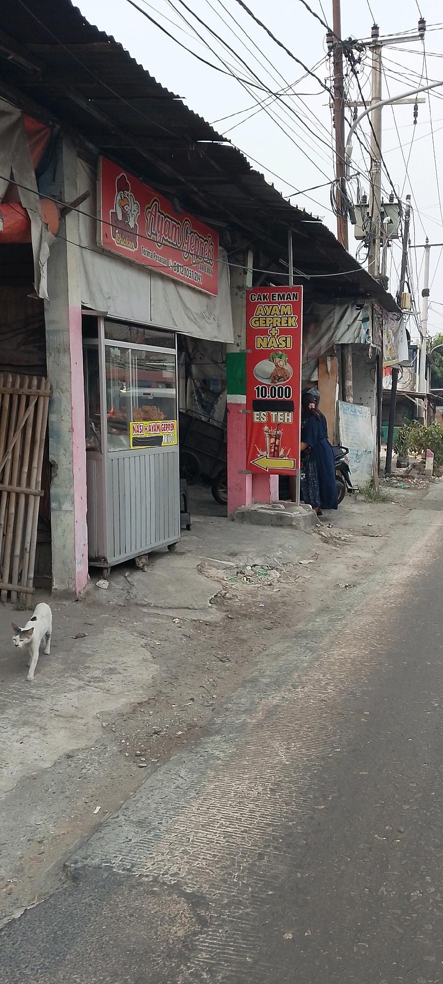 The image depicts a street scene in Bekasi, Indonesia, with a small food stall selling "Ayam Geprek" (spicy fried chicken). The stall features a red banner advertising the food and prices, with an image of fried chicken and rice. A glass display case shows some fried chicken. In the background, there are utility poles with numerous wires, and a woman in a blue dress is standing next to a motorcycle. A white cat with brown markings is walking on the paved ground in the foreground. The environment appears somewhat unkempt, with debris visible on the side of the road. The time of day appears to be daytime, with overcast skies.