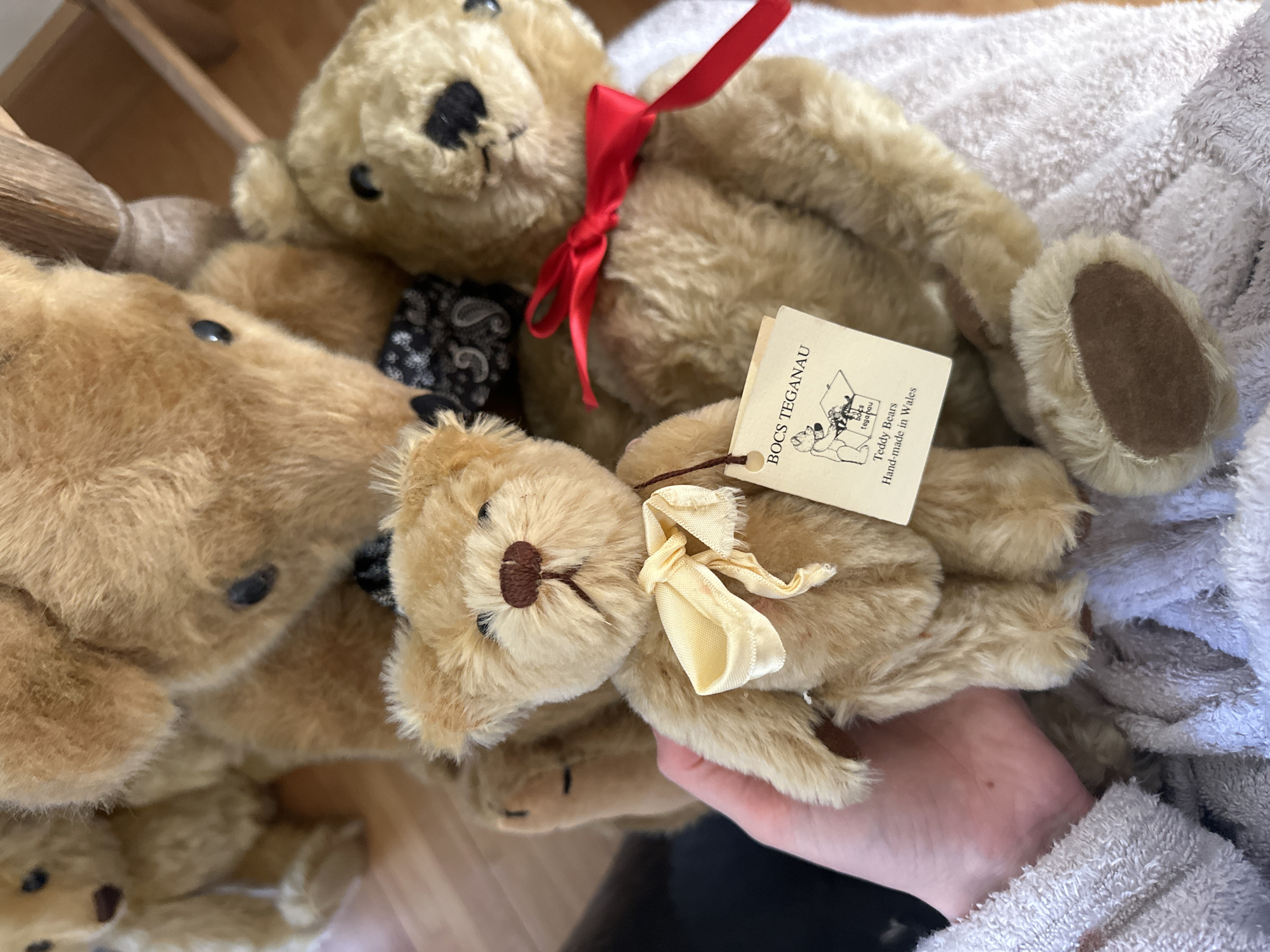 An interior scene displays a collection of four light brown teddy bears. In the lower-left foreground, a light-skinned human hand, partially covered by a light-colored, possibly terry cloth, garment at the wrist, holds a small, light brown teddy bear with a stitched brown nose and black bead eyes. This bear wears a pale yellow ribbon bow and has a cream-colored tag attached, which reads "BOCS TEGANAU Teddy Bears Hand-made in Wales." To the right, a medium-sized light brown teddy bear with a black stitched nose and black bead eyes sits on a white, textured fabric, wearing a red ribbon bow. Behind it, a larger light brown teddy bear with black bead eyes and a black stitched nose wears a black bandana with white paisley patterns. A fourth, blurred light brown teddy bear is partially visible in the far-left background. The background features a light-colored wooden floor and a wooden structural element, possibly a chair leg or banister post. The location in the city of Wealden, United Kingdom, is not discernible from the visual information provided in the image.