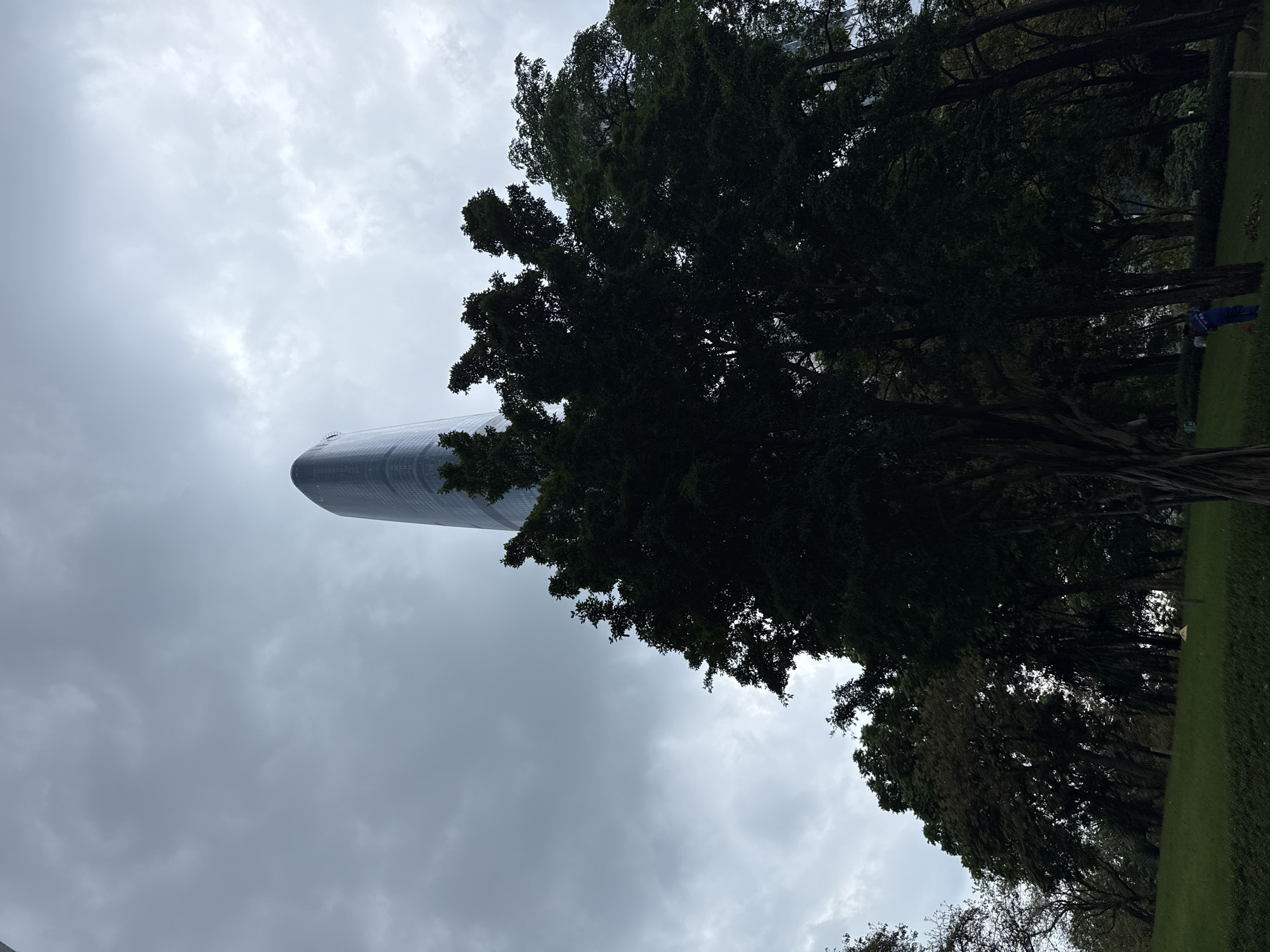 This is a low-angle, medium shot of a curved, glass-facaded skyscraper partially obscured by the dense foliage of trees in the foreground. The sky is overcast with dramatic, grey clouds. The skyscraper, identified as being in Tianhe District, China, appears tall and modern, with a sleek, reflective surface. The trees are dark green and leafy, creating a stark contrast with the building. The lower part of the image shows a green lawn, and a person in blue overalls is visible in the distance, seemingly engaged in groundskeeping. The overall atmosphere is moody and somewhat dramatic due to the lighting and weather conditions.