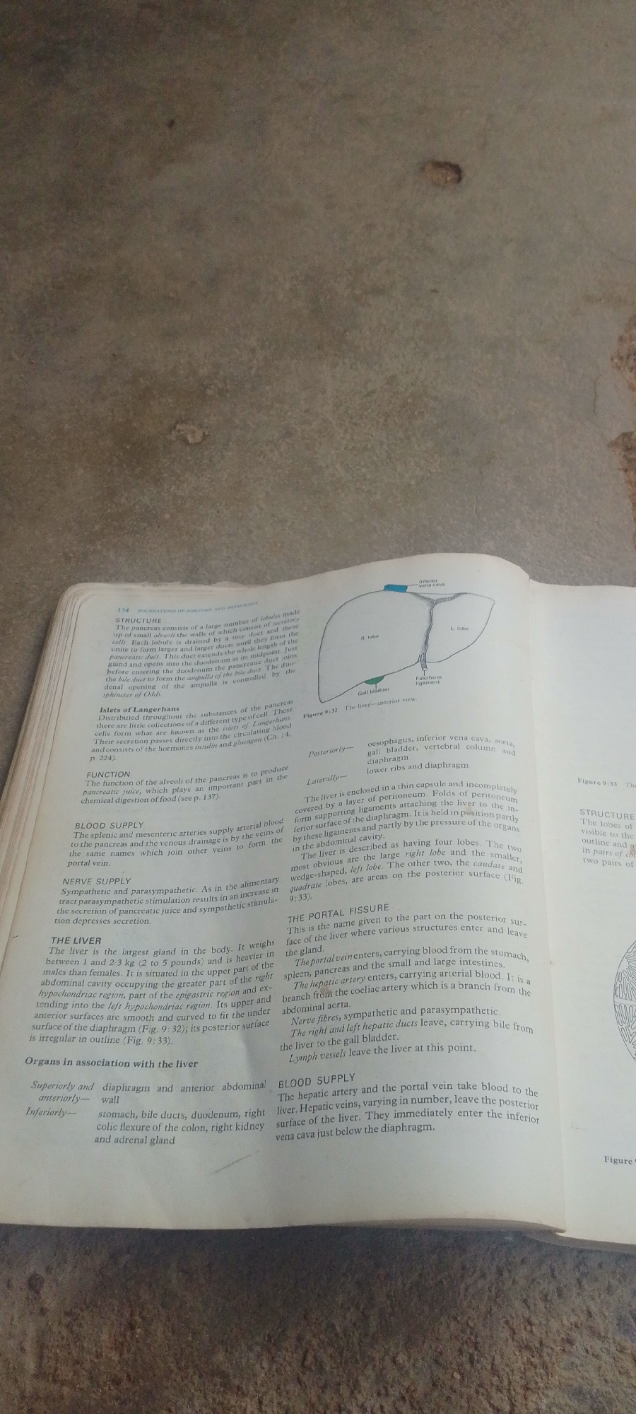 The image is a photograph of an open book, lying flat on a textured surface. The book displays anatomical diagrams and text related to the liver and pancreas. On the left page, there is detailed text describing the structure, function, blood supply, and nerve supply of the pancreas, followed by a section on the liver. Several headings like "STRUCTURE," "FUNCTION," "BLOOD SUPPLY," and "NERVE SUPPLY" are visible. The right page features an illustration of the liver, labeled as "Figure 9:32 The liver-anterior view," with parts like "R. lobe," "L. lobe," "Gall bladder," and "Falciiform ligament" indicated. Below this illustration, there is text describing the liver's location, structure, and the "PORTAL FISSURE," along with a "BLOOD SUPPLY" section. Another illustration, "Figure 9:33," is partially visible on the far right. The text is printed in black ink on off-white pages. The overall setting appears to be an indoor environment, possibly a desk or table, with the book being the central object of focus. There are no people, animals, or any other objects in the image besides the book and the surface it rests on. The image is well-lit, allowing for clear readability of the text and diagrams.