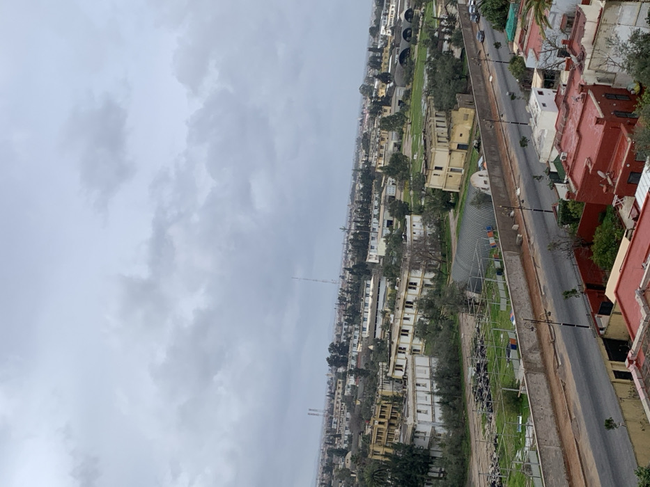 This image presents an elevated, wide-angle view of an urban landscape within the city of Meknes, Morocco, under an overcast sky. The uniformly grey, cloudy sky occupies approximately the top third of the frame.
In the immediate foreground, at the bottom right, the red-tiled roofs of several residential buildings are visible, partially obscured by green foliage. A paved, two-lane road with visible lane markings and streetlights runs diagonally across the mid-ground, from left to right. This road is bordered by a concrete retaining wall on its left side.
Beyond the retaining wall, a large, irregularly shaped green space extends, featuring numerous trees, including what appear to be olive trees. Within this green area, a section is used for storage, displaying multiple organized piles of black, circular objects, consistent with vehicle tires. Nearby, rudimentary open-framework metal structures are present, along with a large, arched structure made of corrugated metal. Scattered throughout this green space are several multi-story buildings, predominantly light-colored (cream, pale yellow, or off-white), exhibiting signs of age or disuse.
The background reveals a sprawling urban expansion characterized by a dense arrangement of low-rise buildings and abundant tree cover, extending to a hazy horizon. Distant industrial infrastructure is visible on the far left, marked by two tall, slender, grey industrial chimneys or towers. A prominent, tall telecommunications mast or antenna stands to the right of the central background. Minimal traffic is visible on the road below; no specific human activity is discernible.