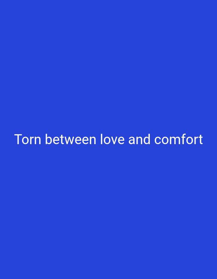 A plain blue background features white text that reads "Torn between love and comfort." There are no other discernible objects, people, or environmental elements present.