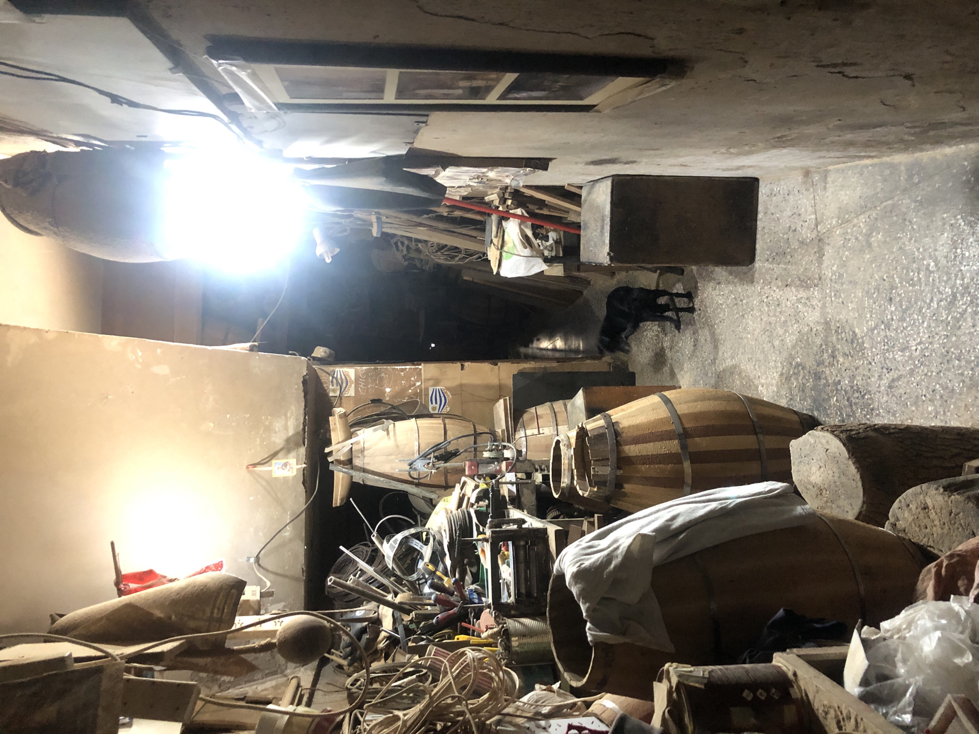 The image depicts a cluttered interior space, possibly a storage room or workshop, in what appears to be Buenos Aires, Argentina. The room is dimly lit with a strong light source at the far end, casting shadows. The floor is a light-colored, possibly tiled surface. The ceiling is low and appears to be made of concrete.
Several large, wooden barrels dominate the scene. There is a dog lying near a box in the background. Miscellaneous tools, wires, and other objects are scattered throughout the space, contributing to the cluttered appearance. Some objects are covered with white sheets.