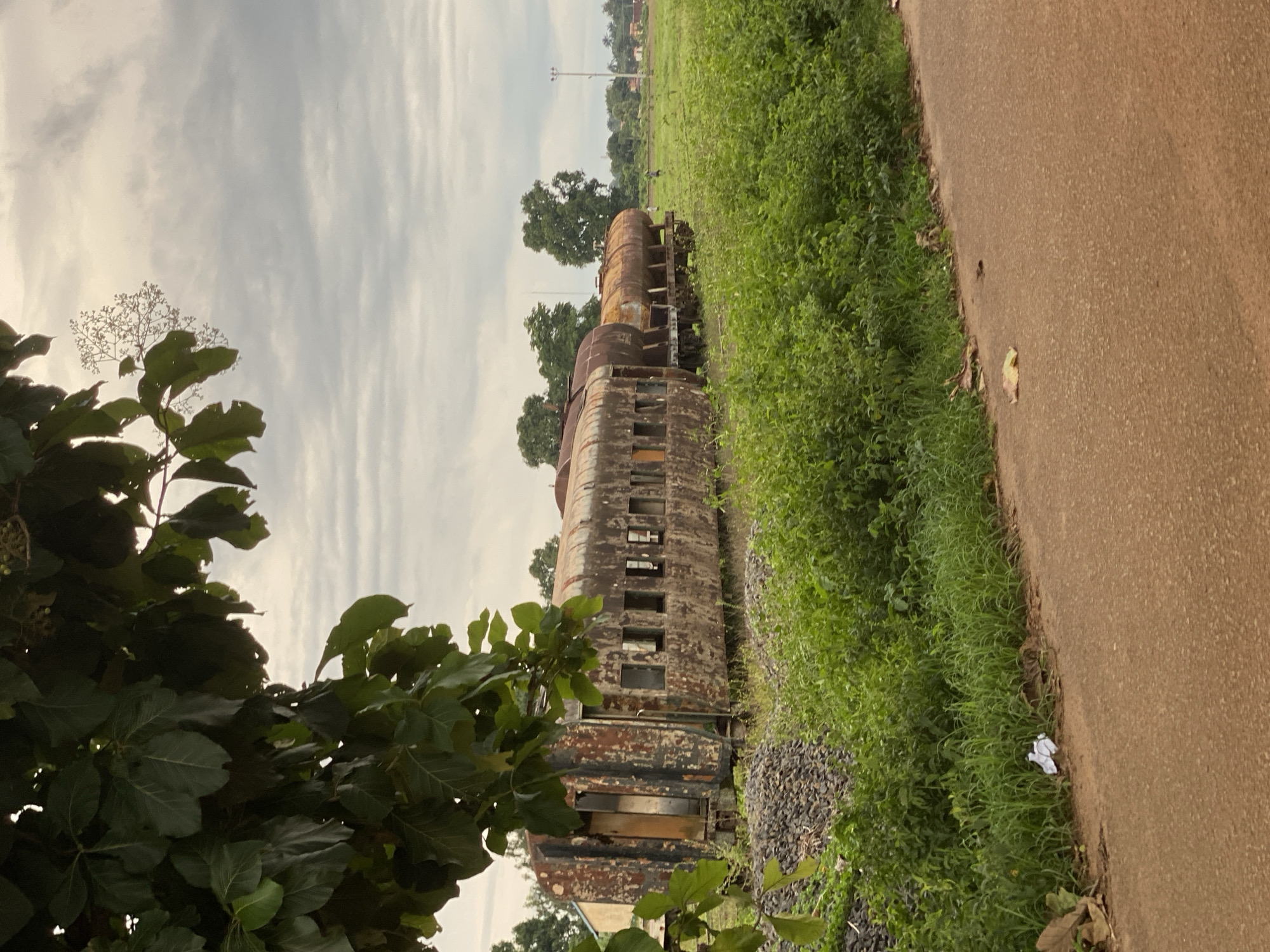An exterior, medium shot captures a view of abandoned train cars on a track in Maigizo, Nigeria. The train cars, which appear to be rusted and weathered, are situated next to a patch of dense, green foliage. A brown, dirt road runs along the foreground, with some white trash scattered on the side. The sky overhead is overcast with a light gray color. Two figures are visible in the distance, walking on the grass.