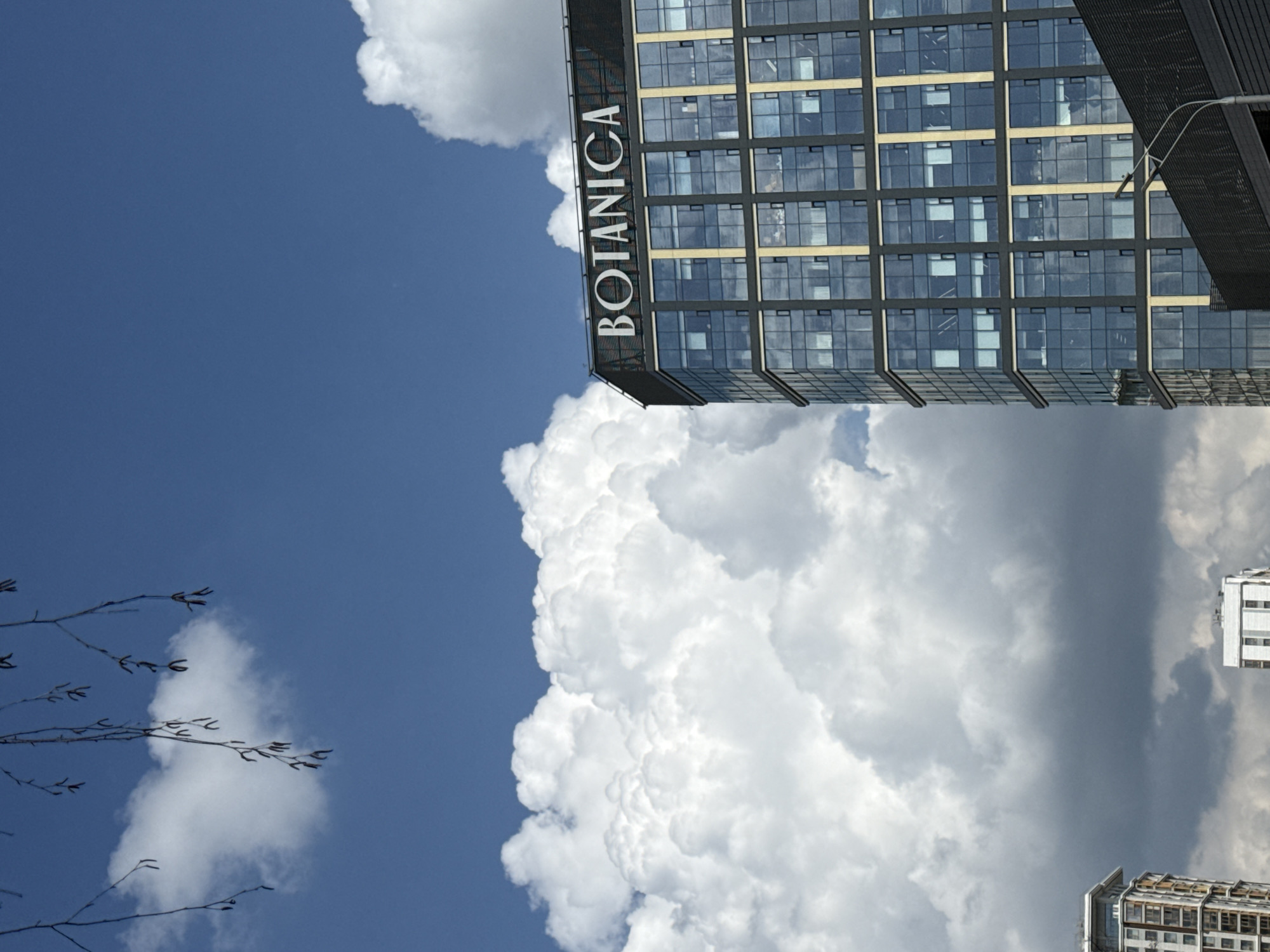 The image captures a view of the BOTANICA residential complex in Moscow, Russia, under a bright sky with scattered clouds. The building, which displays the word "BOTANICA" vertically on its facade, is characterized by its modern architectural style featuring a grid of windows and metallic accents. Part of a tree branch is visible in the lower-left corner of the frame. A large cumulus cloud is adjacent to the building. Other buildings can be seen in the distance.