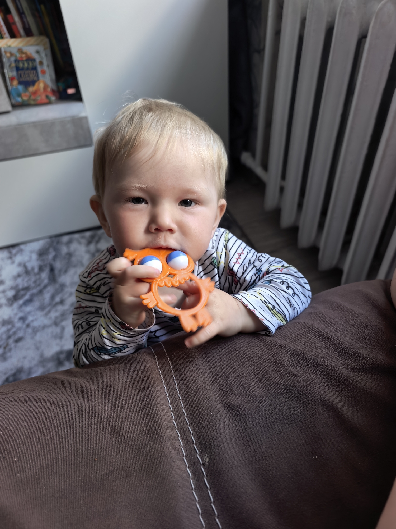 A young child with fair skin and blonde hair is looking at the camera, holding an orange and blue owl-shaped toy in their mouth. The child is wearing a long-sleeved shirt with black and white stripes and colorful accents. The child is leaning against a brown upholstered surface, likely a piece of furniture. In the background, there is a white radiator and a shelf with books. The location is presumed to be indoors. There is no verifiable information to support that this image was taken in the city of Sterlitamak, Russia.
