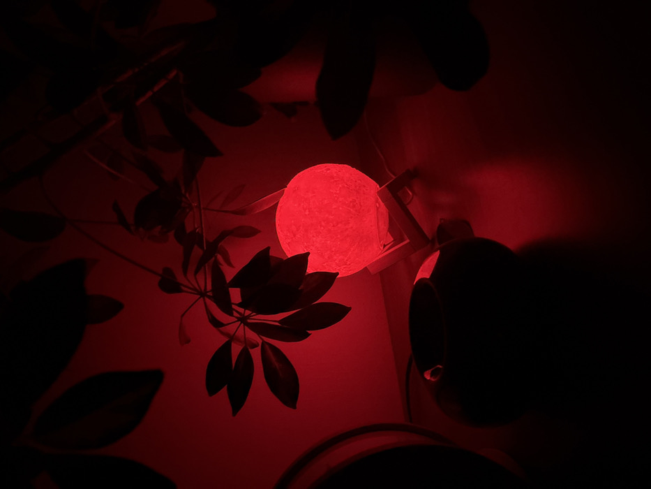 A red-hued indoor scene features a glowing, spherical lamp reminiscent of the moon, mounted on a wooden stand. Silhouetted foliage obscures parts of the lamp and creates depth, while a dark, spherical object sits nearby. The lighting is dim, with the red lamp being the primary light source. The overall composition has a dramatic and slightly surreal atmosphere.