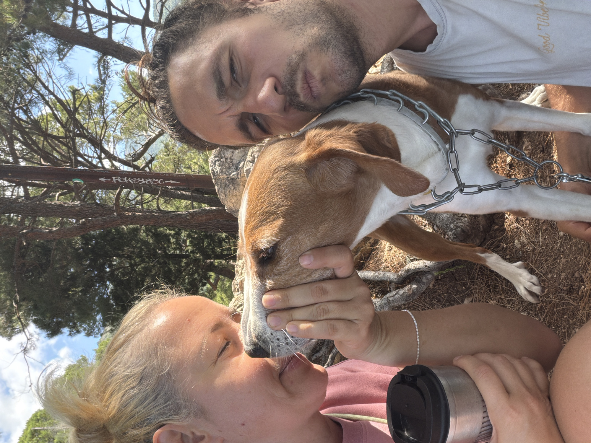 This outdoor image, taken in Petrovac centar, Montenegro, captures an intimate moment between a man, a woman, and a dog on a bright, sunny day. The perspective is rotated 90 degrees counter-clockwise, showing the subjects as if they are lying down.
In the upper section, a man with dark hair and a beard rests his head near the dog's. He wears a white tank top with "Good Vibes" printed in gold script on the chest. His eyes are softly closed or squinting, indicating a relaxed and content demeanor.
Centered in the frame is a medium-sized dog with distinctive white and brown/tan markings. It wears a heavy metal chain collar and harness. The dog's head is nestled between the two people, with its snout close to the woman's face.
In the lower part of the frame, a woman with blonde hair, tied back, gazes affectionately towards the dog. She is wearing a pink top and has a silver chain bracelet on her wrist. Her hands gently cup the dog's face, suggesting a tender interaction like a kiss or a nuzzle. She holds a metallic thermos bottle with a black lid.
The background reveals a natural, wooded environment. Dry, sandy earth with exposed tree roots and fallen pine needles covers the ground. Sparse pine trees with visible trunks and branches reach towards a clear blue sky dotted with a few white clouds, indicating strong sunlight. A rustic wooden barrier or log is visible behind the man, on which faded white text reading "← Roky" is discernible, along with some green and white paint marks. The scene conveys a sense of companionship, warmth, and relaxation.