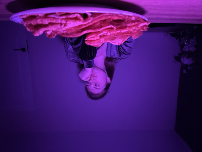 An upside-down image shows a fair-skinned person with auburn hair and a dark green velvet top, holding a plate piled high with reddish-pink, wrinkled treats. The person looks directly at the viewer, with their hand near their mouth. The background is a simple white wall with a dark door fixture on the left and a vase of flowers on the right. The room is illuminated with a strong violet light, casting a surreal and dramatic atmosphere.