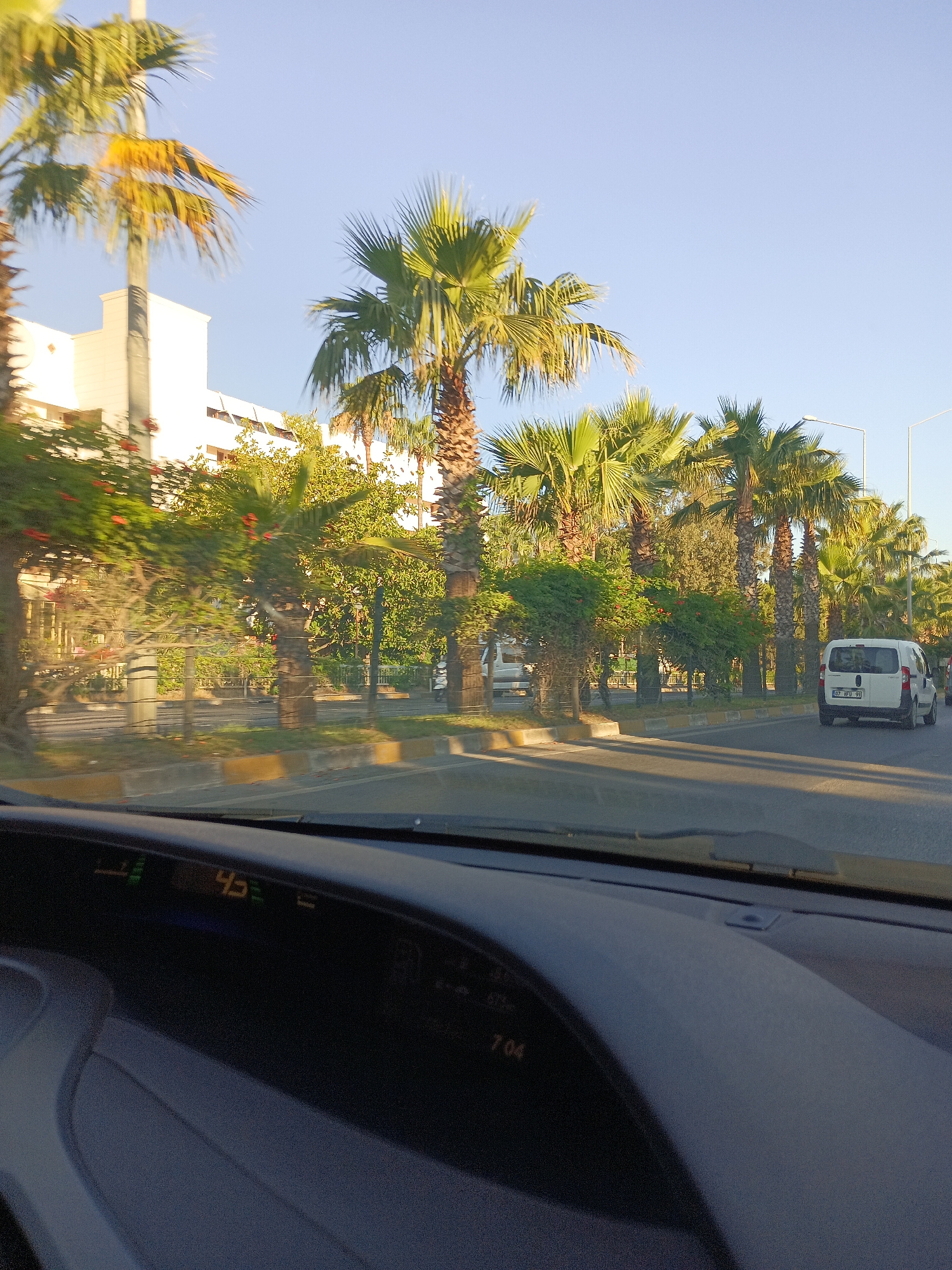 The image, taken from the driver's perspective inside a vehicle, shows a street scene in Alanya, Turkey, likely during daylight hours with clear skies. The foreground displays a portion of the car's dashboard, with a digital display showing the time as "7:04" and another reading "45".
The scene outside the vehicle features a road lined with numerous palm trees, characteristic of the Mediterranean climate. Several white vans are visible on the road, one of which has a Turkish license plate. A modern, multi-story building, possibly a hotel or apartment complex, is situated behind a fence and lush greenery to the left of the road. The architecture of the building suggests a contemporary design. The road itself is paved, with yellow and white markings delineating the lanes and curbs. Sunlight casts shadows on the road, indicating the sun's position in the sky. The overall impression is that of a sunny day in a developed urban area.