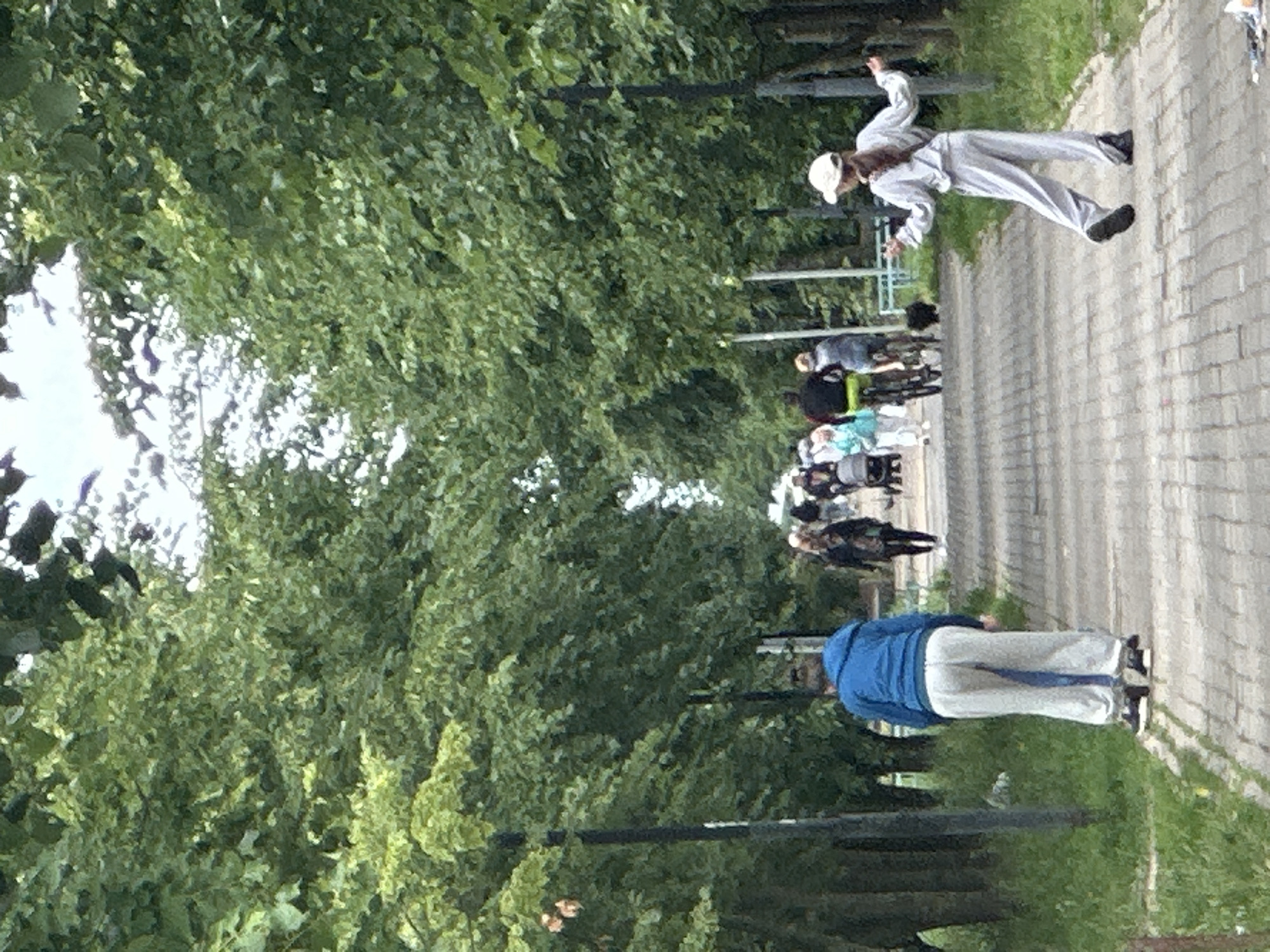 This is a photograph taken from a slightly elevated perspective, showing a group of people walking along a paved path in what appears to be a park or a tree-lined walkway. The setting is outdoors, with lush green trees and foliage dominating the left side of the frame, suggesting a warm-weather season, likely spring or summer. The path is made of light-colored paving stones and is bordered by green grass on both sides.
The main subjects are several individuals in motion. In the foreground, a person wearing a blue hooded jacket and light-colored pants is walking away from the camera. Further down the path, a group of people are walking in the same direction. One individual in the mid-ground is wearing a white outfit and a white hat, striking a dynamic pose as if mid-stride or mid-movement. Other people in the background are less distinct but appear to be a mix of adults and possibly children. The overall mood seems relaxed and casual, as if people are enjoying a walk or participating in an outdoor activity.
The time of day appears to be daytime, with bright lighting casting some shadows, though the presence of abundant green foliage suggests it might be overcast or the sun is not directly overhead. There are no discernible signs or text visible in the image. The location is identified as Podolsk, Russia, which, combined with the scenery, suggests a common urban or suburban park environment.