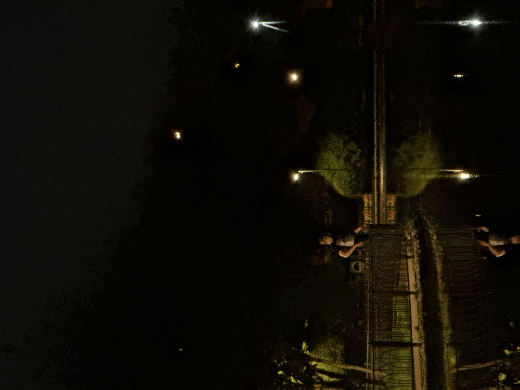 At night, the image depicts a section of the Vodootvodny Canal embankment in Moscow, Russia. Illuminated by streetlights reflected in the water, a bridge spans the canal. On either side of the bridge, people are positioned along the embankment. The left side of the image is dominated by dark water and vegetation. The overall lighting is subdued, with artificial light sources defining the scene.