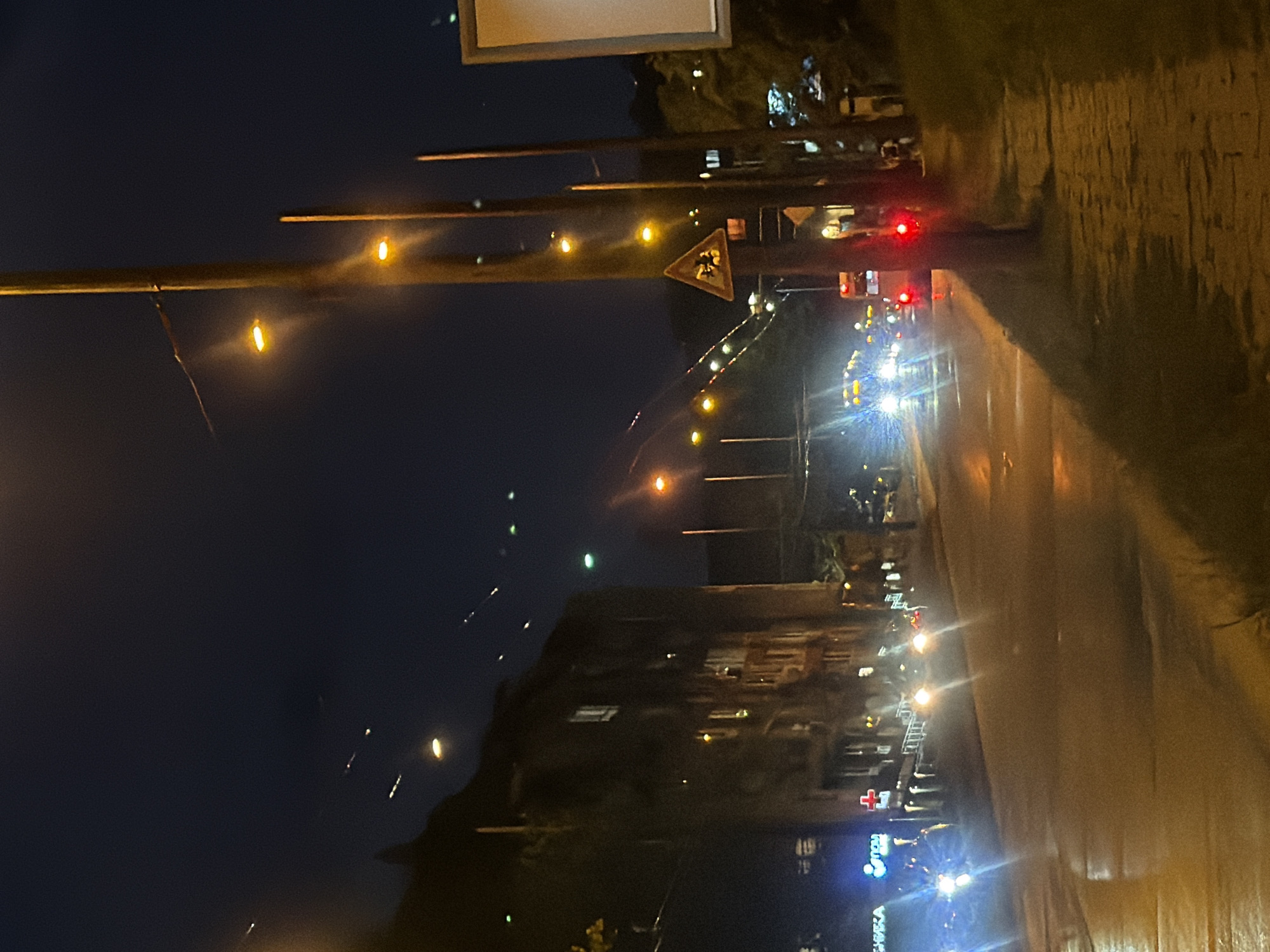 The image depicts a nighttime street scene in Varna, Bulgaria. The street is illuminated by streetlights and car headlights. There's a pedestrian crossing sign visible. The area appears to be urban, with buildings lining the street. Traffic lights are visible in the distance. A tall light pole is visible on the left of the image. A brick wall is seen on the right side of the frame.